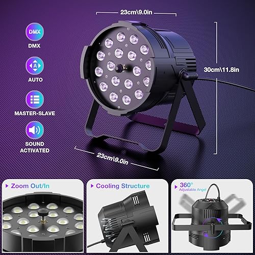 Miniatura 7 de Luz LED par de 18 x 18 W RGBWA+UV 6 en 1 luz de escenario al aire libre, luz de DJ profesional de lavado DMX de alta potencia para eventos, fiestas