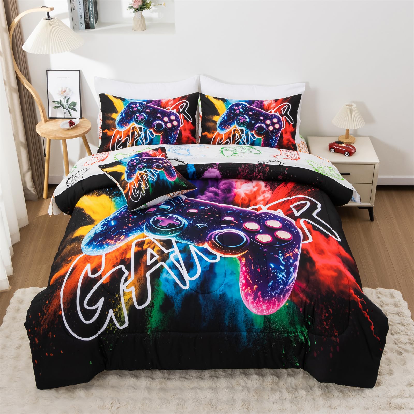 Aimuan Gamer Gaming Bedding Sets 3D Gamepad Comforter Sets for Boys Games Console Action Buttons Novelty Colorful Game Controller Modern Room Decor