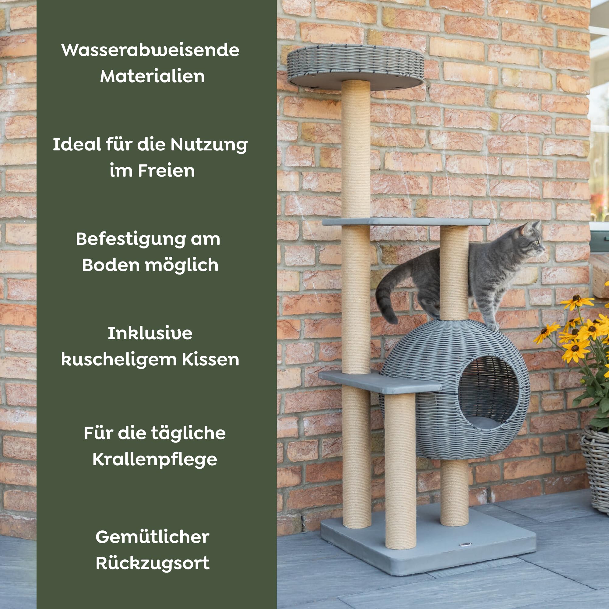 TRIXIE Outdoor Kratzbaum Amalia – Kratzbaum für draußen – mit Liegeplätzen & Höhle – wasserabweisend – grau – 143 cm
