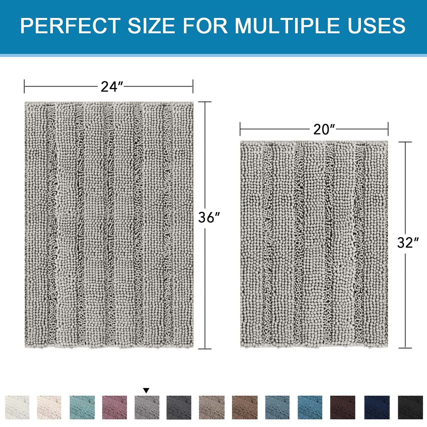 2 Piece Bathroom Set Bathroom Rugs Bath Mats Sets Super Absorbent Chenille Striped Bath Mats Non Skid Machine Wash Dry Rugs for Bathroom Floor(Dove Grey, 24 x 36 Plus 20 x 32 - Inches)