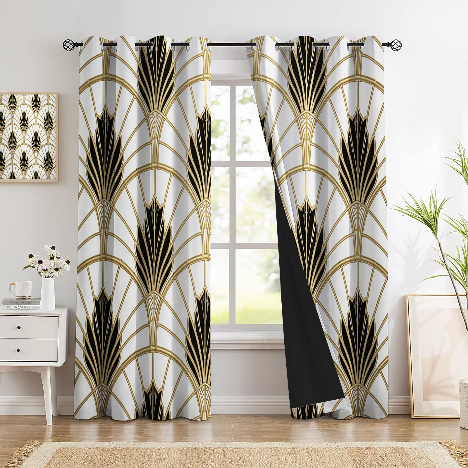 Verdunklungsvorhänge 2er Set - Retro-Luxus-Fächerform Thermovorhang - Art Deco Vorhang Blickdicht mit Ösen - Lärmschutzvorhang Gardinenschals - H220 x B140 cm, Gold