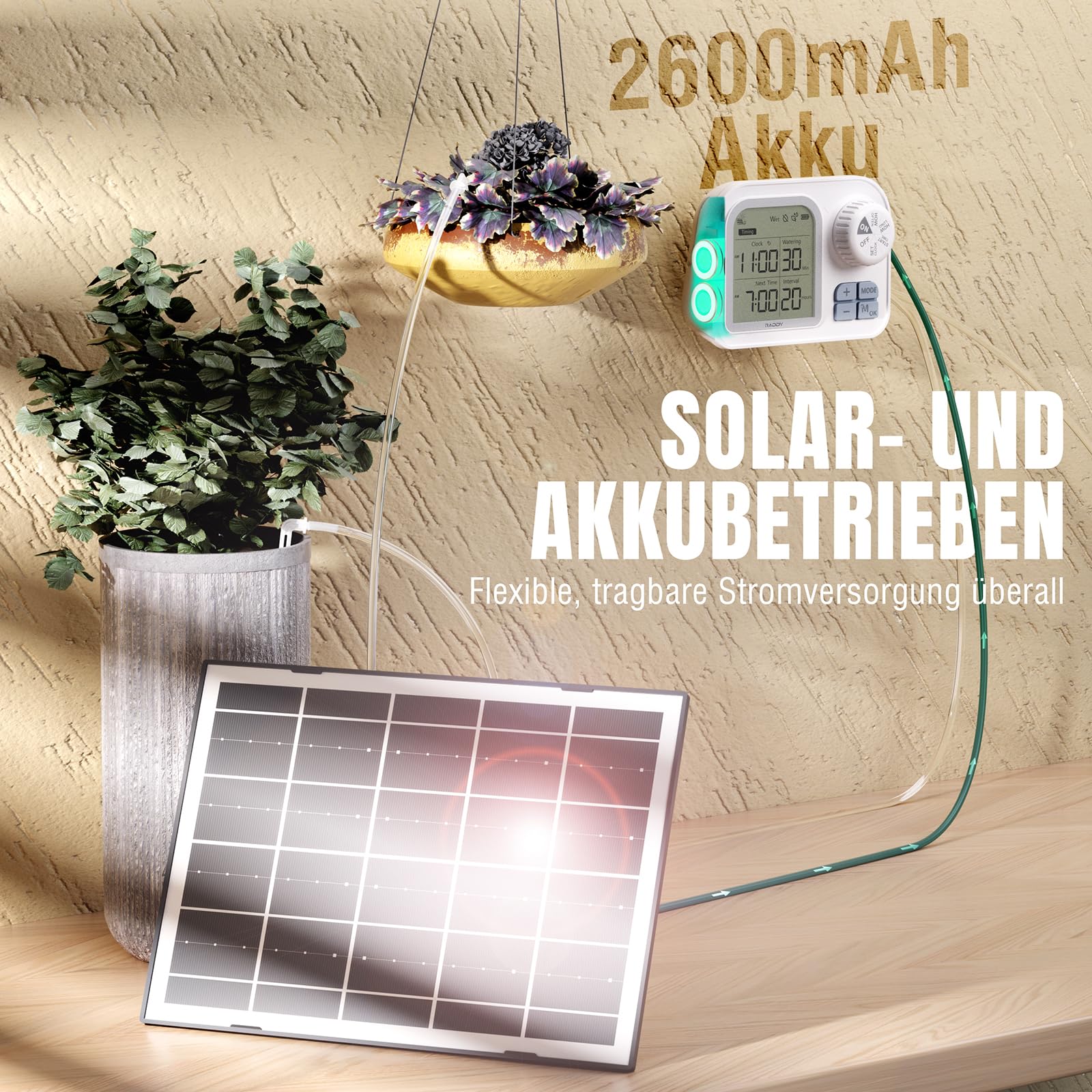 Raddy WS-7 Solar-Automatische Bewässerungssystem, IPX7-Wasserdichtigkeit, Bewässerung für 15 Topfpflanzen, mit Bodenfeuchtigkeitserkennung, 2600-mAh-Akku, Großes Display für Innen Außen, Balkon