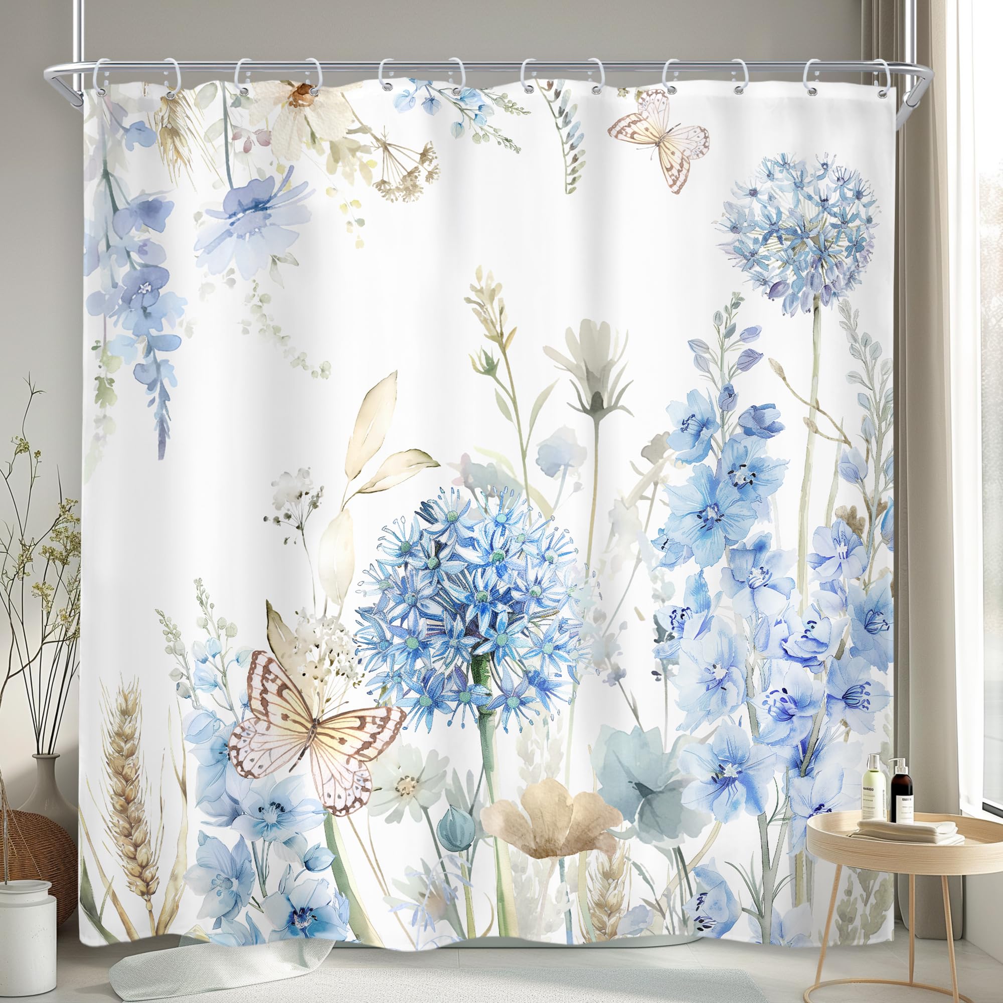 Newsely Blue Floral Hydrangea Shower Curtain 72Wx72H Inch Cute Butterfly Plants Farmhouse Watercolor Flower Wildflower Shower Curtain Bathroom Set for