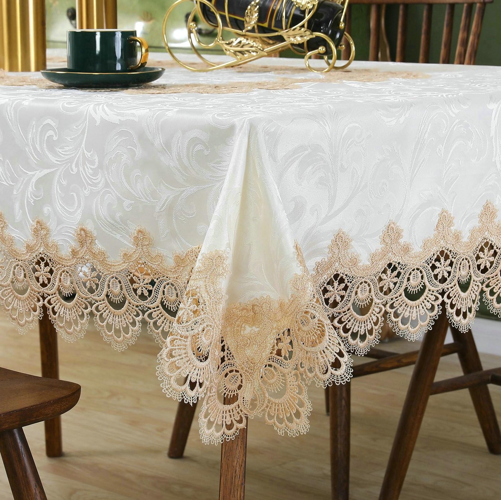 Tischdecke 150x220 cm, Spitze Stickerei Polyester, Weiß Kaffee