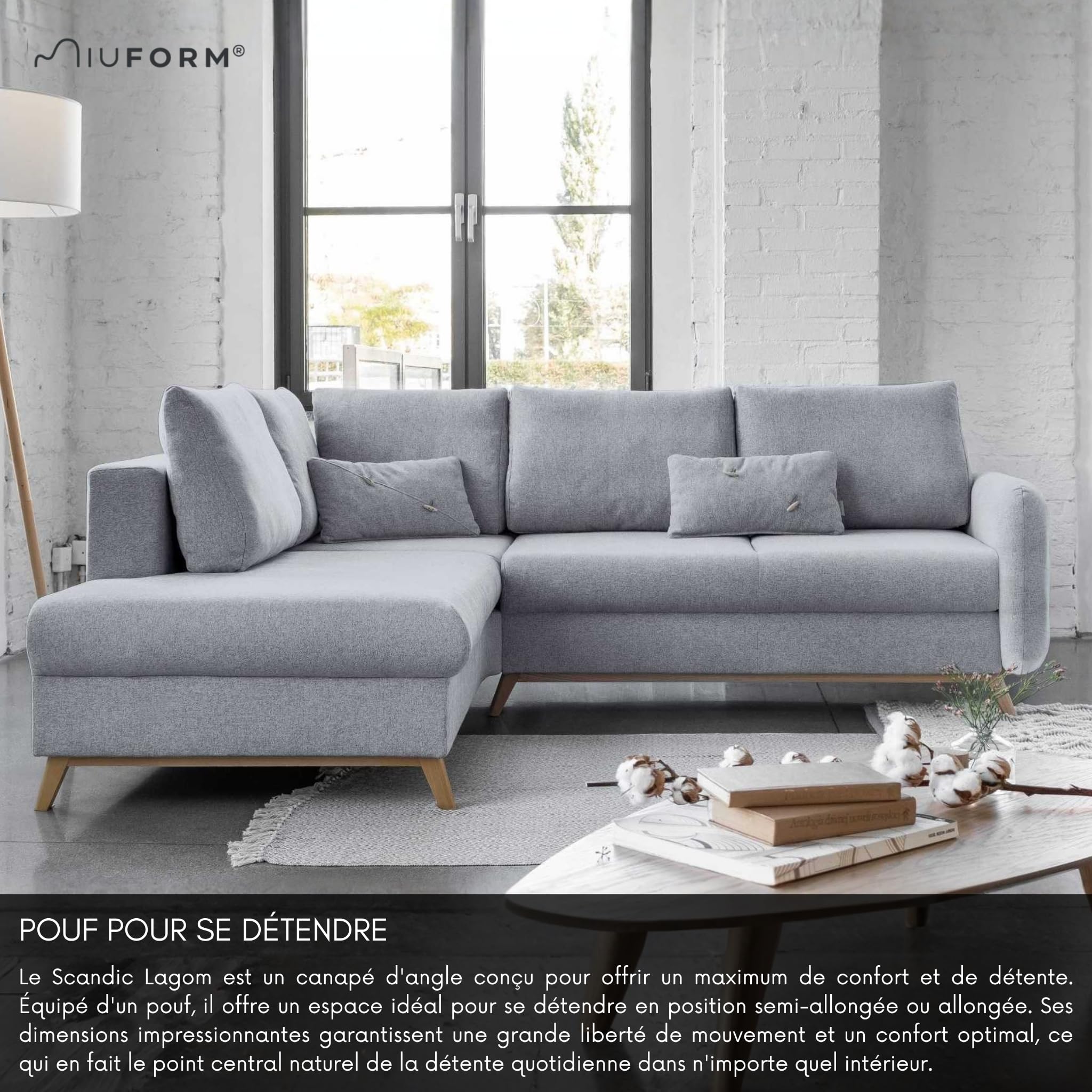 MIUFORM Scandic Lagom L | Canapé d'angle 6 Places avec Rangement et Fonction Couchage | en L à Gauche | Canapé 242 x 202 x 90 cm | Sofabed Convertible | Canapé-lit Pliant | Gris Clair