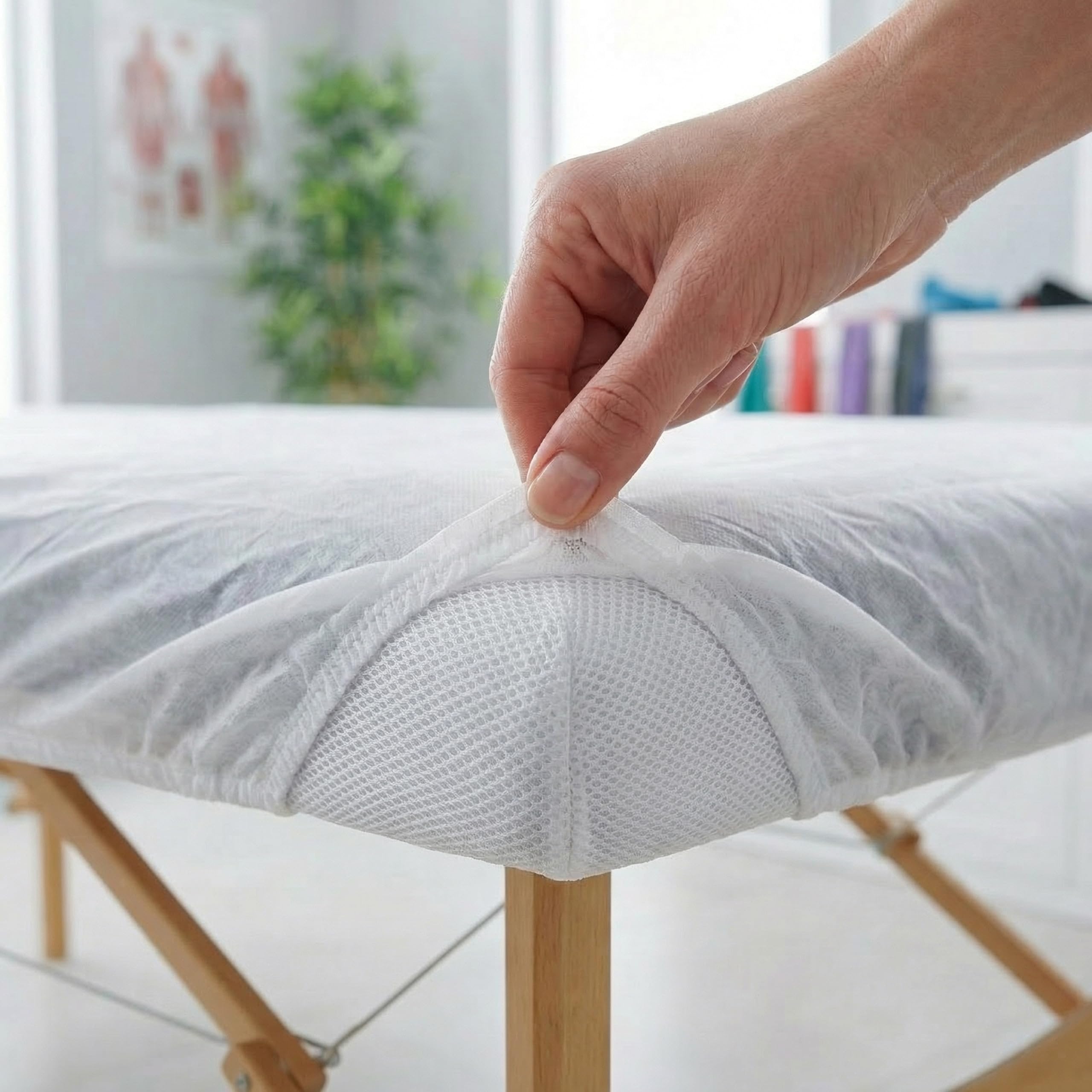 KMINA Copri Lettino Regolabile (10 Unità) 85 x 210 cm Bianco in Tessuto Non Tessuto Idrofobo con Elastico per Lettino da Massaggio Estetica e Tattoo