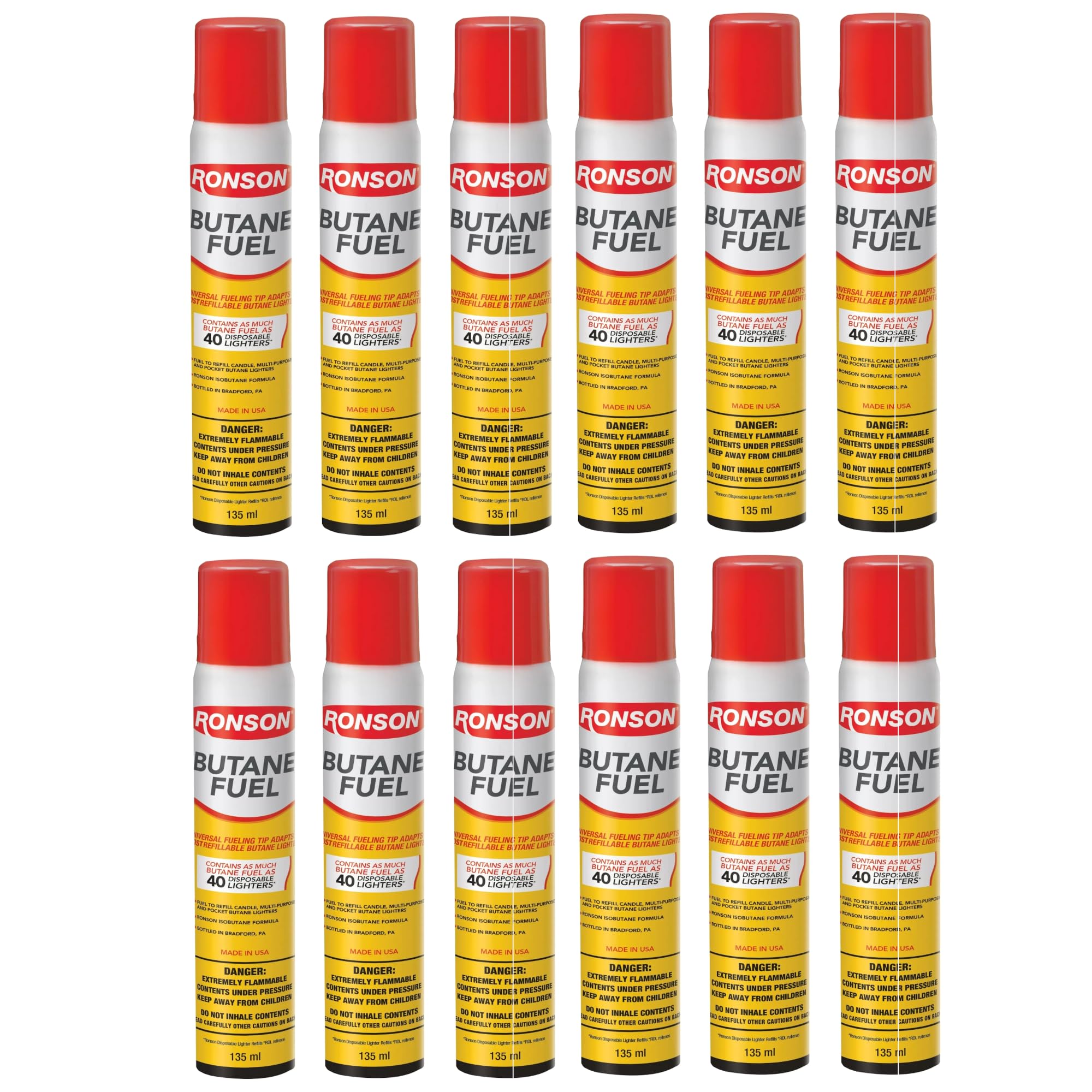 Ronson Butane Fuel 2.67oz/76g, Lighter Refill 135ml Cannister, 12 Pack