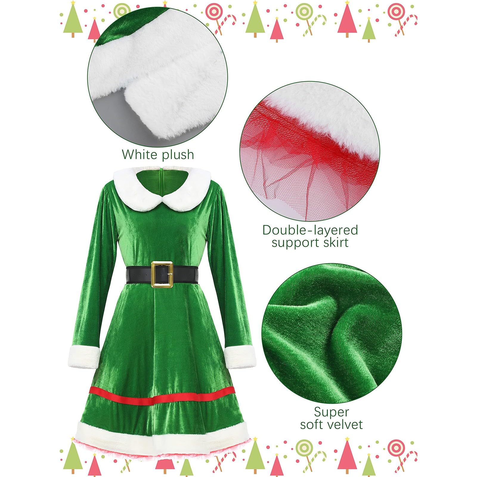 Damen Weihnachtskleid 5 Teiliges Weihnachtselfen Kostümset, Samtkleid+Gürtel Elf Cosplay Set, Festliche Elfenkleidung, Weihnachten Party Club Kostüm Karneval Cosplay