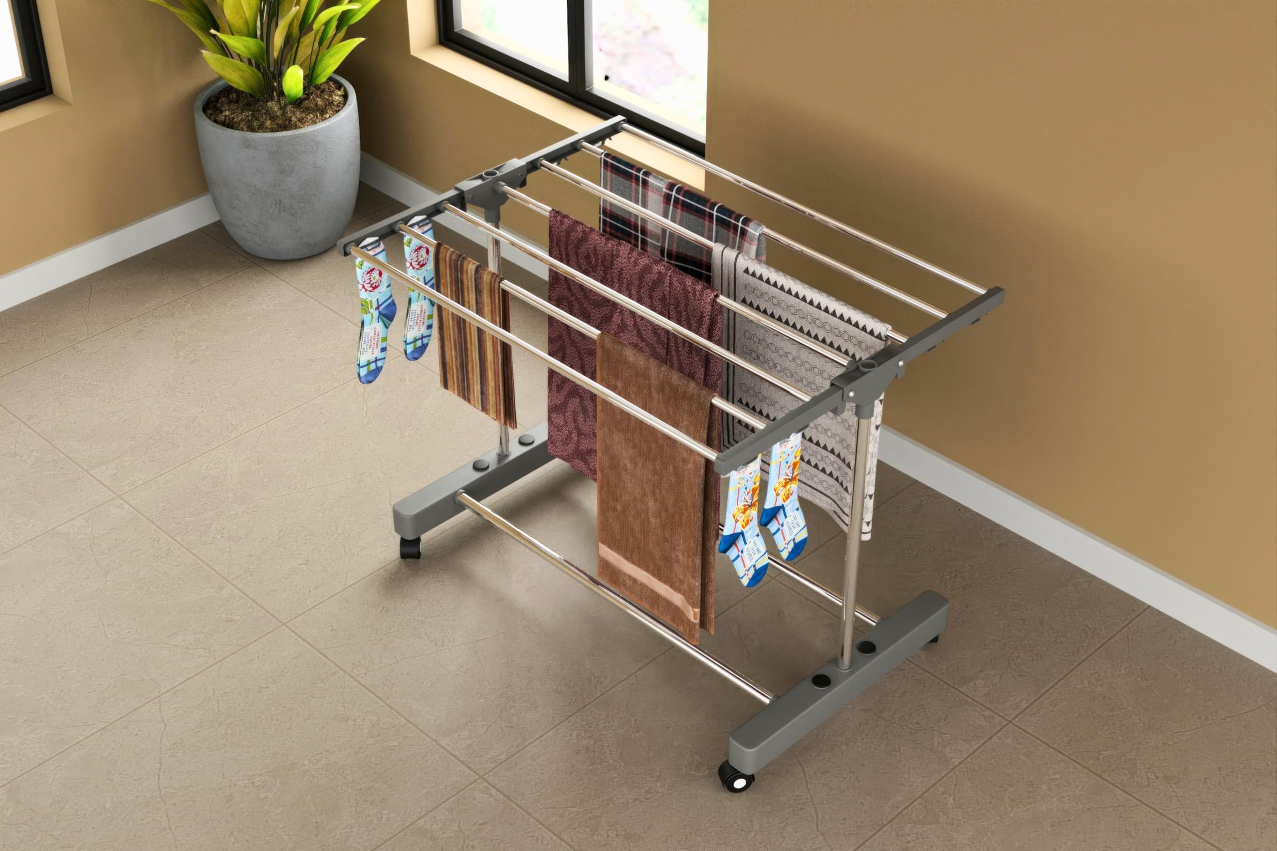 UNIKRAFT 1-Pole 1-Tier Clothes Drying Stand with Wheels | Heavy Duty Stainless Steel Foldable Laundry Rack & Sock Holder | Indoor/Outdoor Balcony & Terrace Use (Gray)-image-20