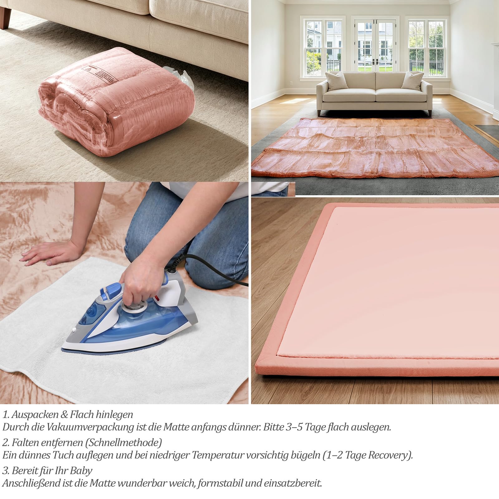 AEOCOO Krabbelmatte Baby 180x200 cm – 3,3 cm extra Dicke Krabbeldecke & Spielmatte aus Schaumstoff, rutschfest, für Laufgitter, Wohnzimmer Kinderteppich, Rosa