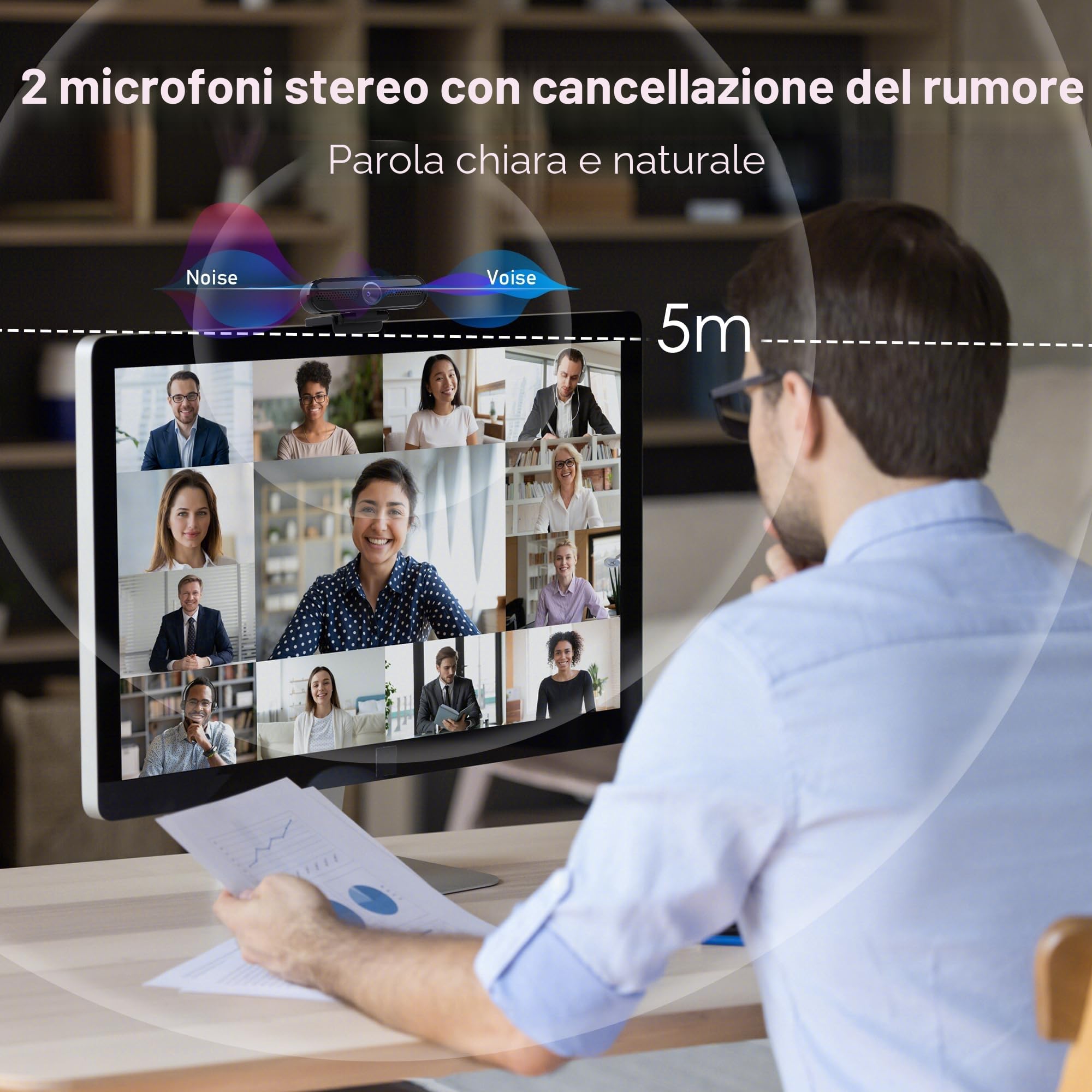 W4DS 2K Webcam, HD Webcam PC con Microfono, Autofocus, 78° View, Plug&Play, Microfono Riduzione Rumore, Protezione della privacy, USB Webcam per Videochiamate, Conferenza, Studio e Streaming