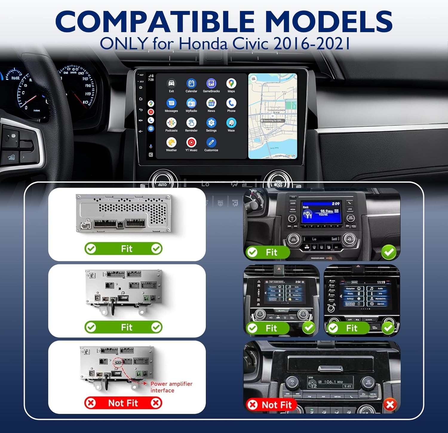 8 Core 6+64G Car Radio for Honda Civic 2016 2017 2018 2019 2020 2021 with Wireless CarPlay Android Auto, 9" Ultra-HD Touchscreen Upgraded Civic 2016-2021 Stereo with SWC, AM/FM/RDS, 1080P Camera