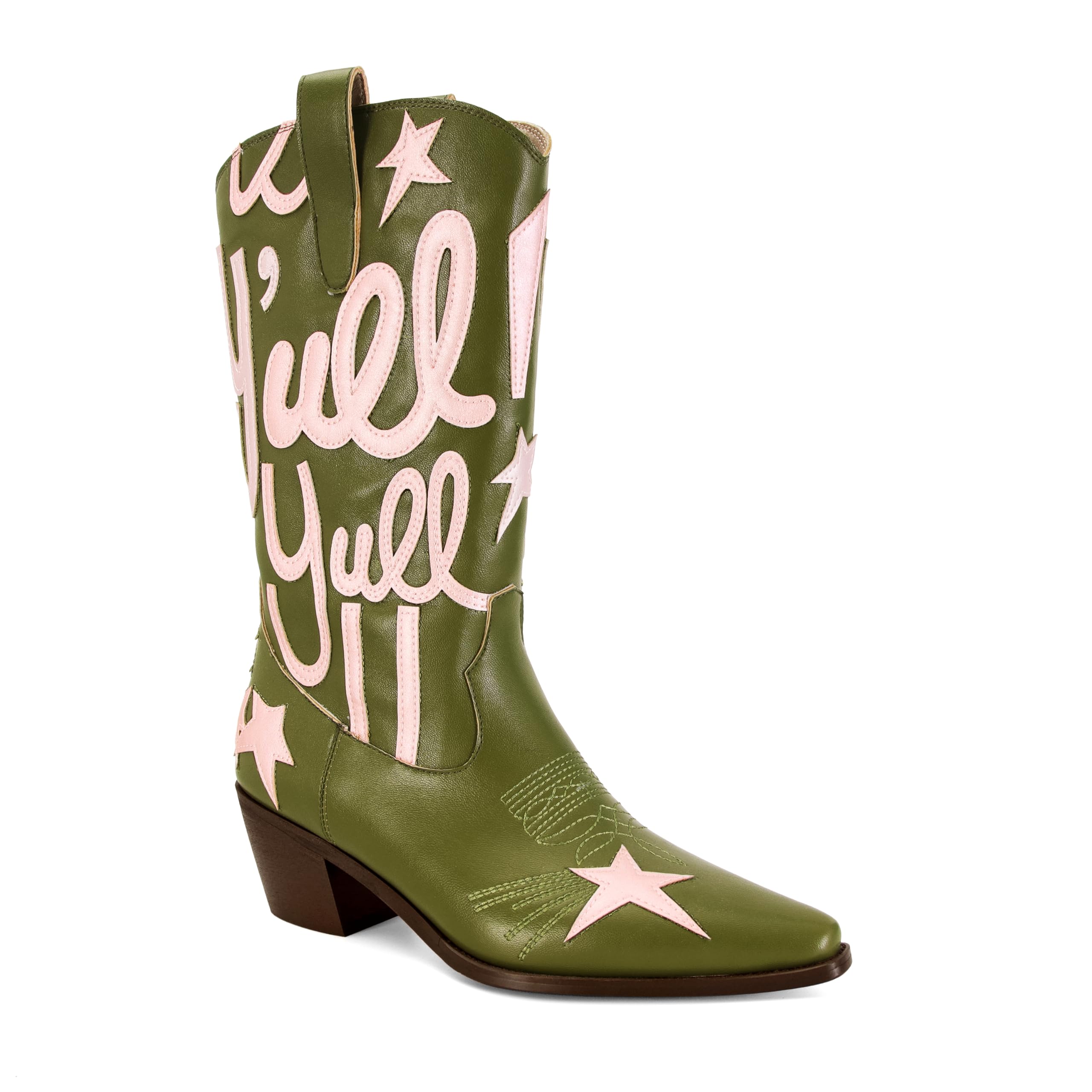 Cowboy Boots for Women Pull On Mid Calf Western Boots Fashion Embroidery Cowgirl Boots Pointed Toe Chunky Heel