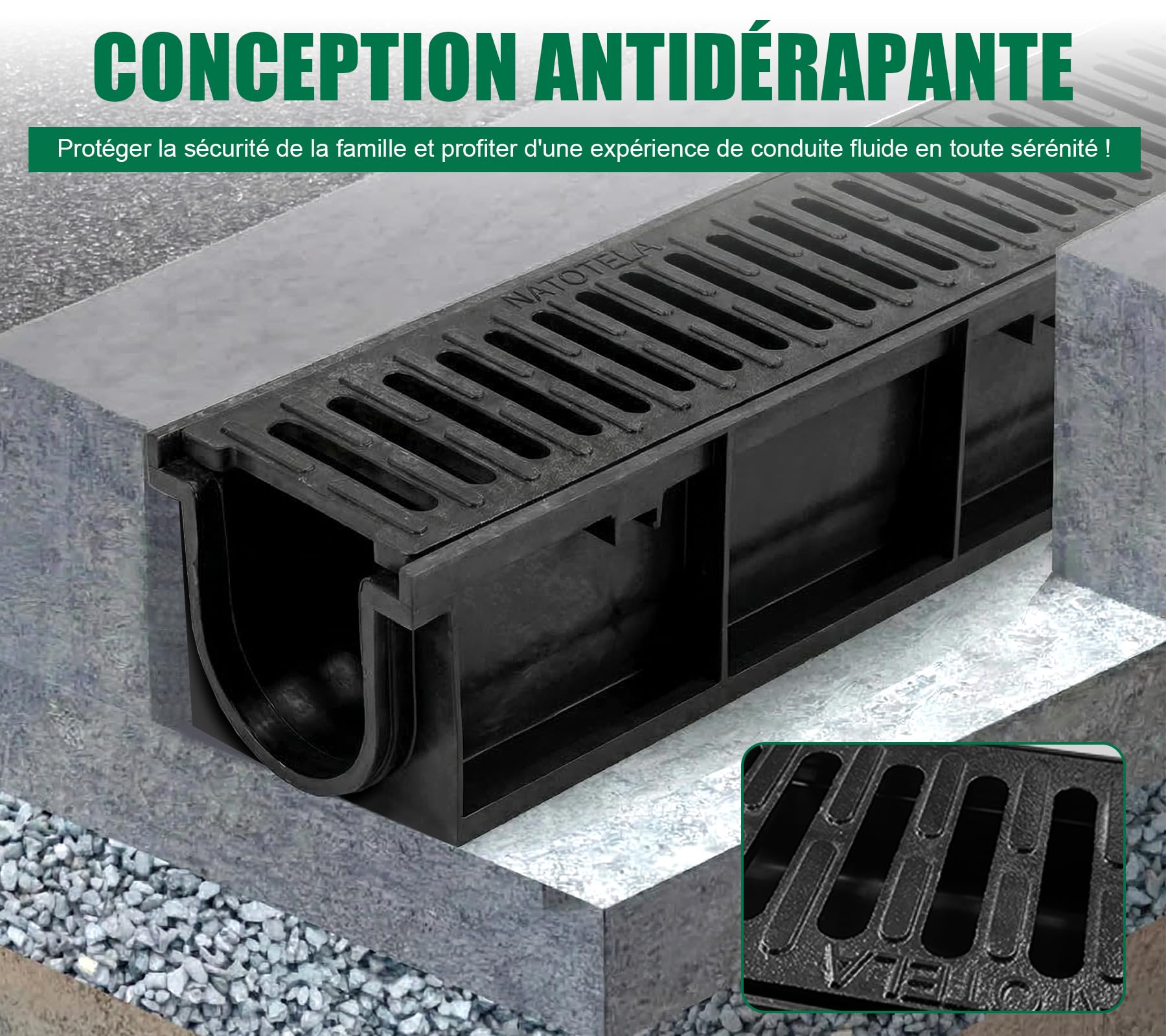 Caniveau extérieur Drainage PEHD 100x100x1000 mm Grille Fonte B125