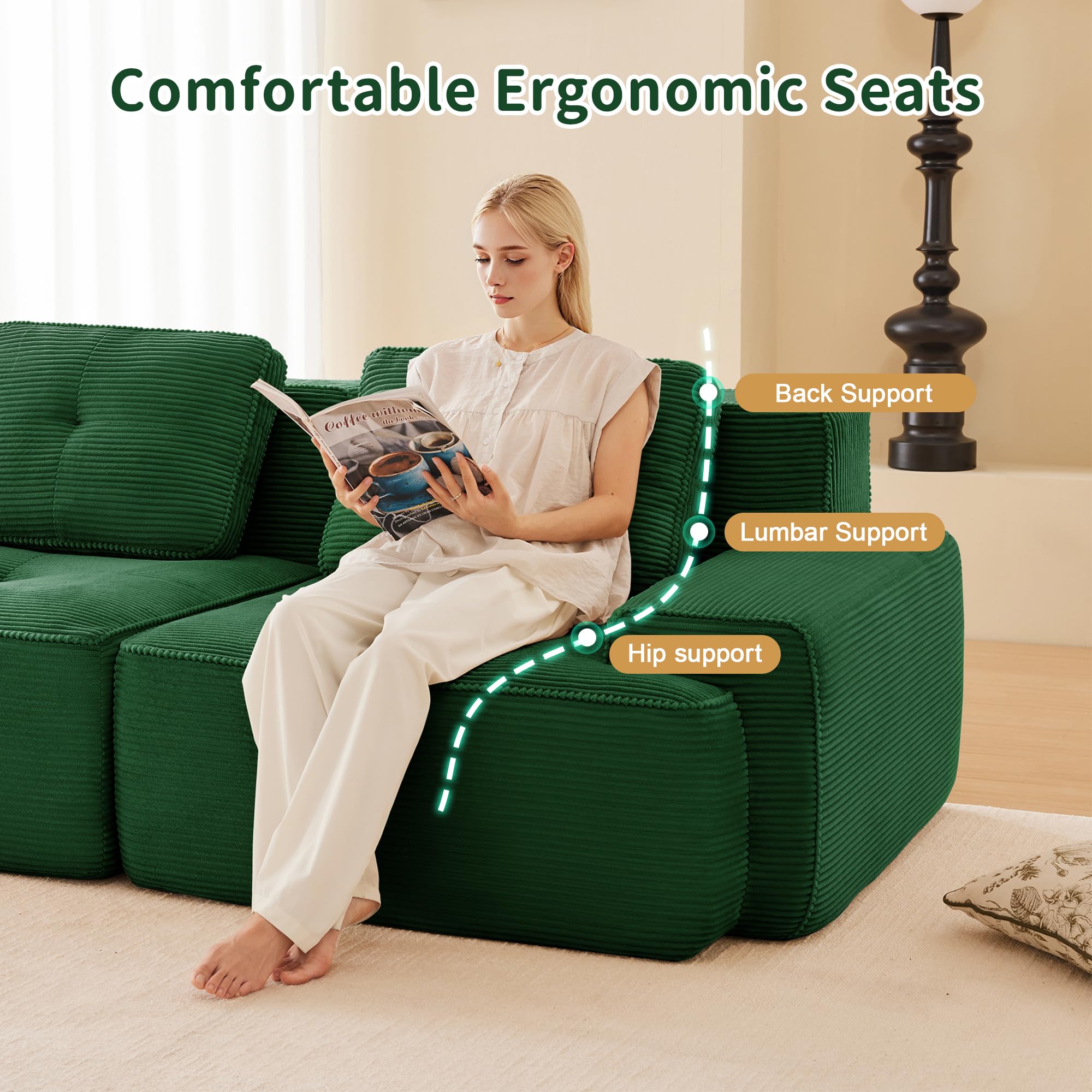 Divano Modulare Boneless per Soggiorno, Divano 4 Posti in Velluto a Coste con 2 pouf, antiscivolo divano a U Nuvola con Braccioli larghi, Senza Montaggio(Verde)