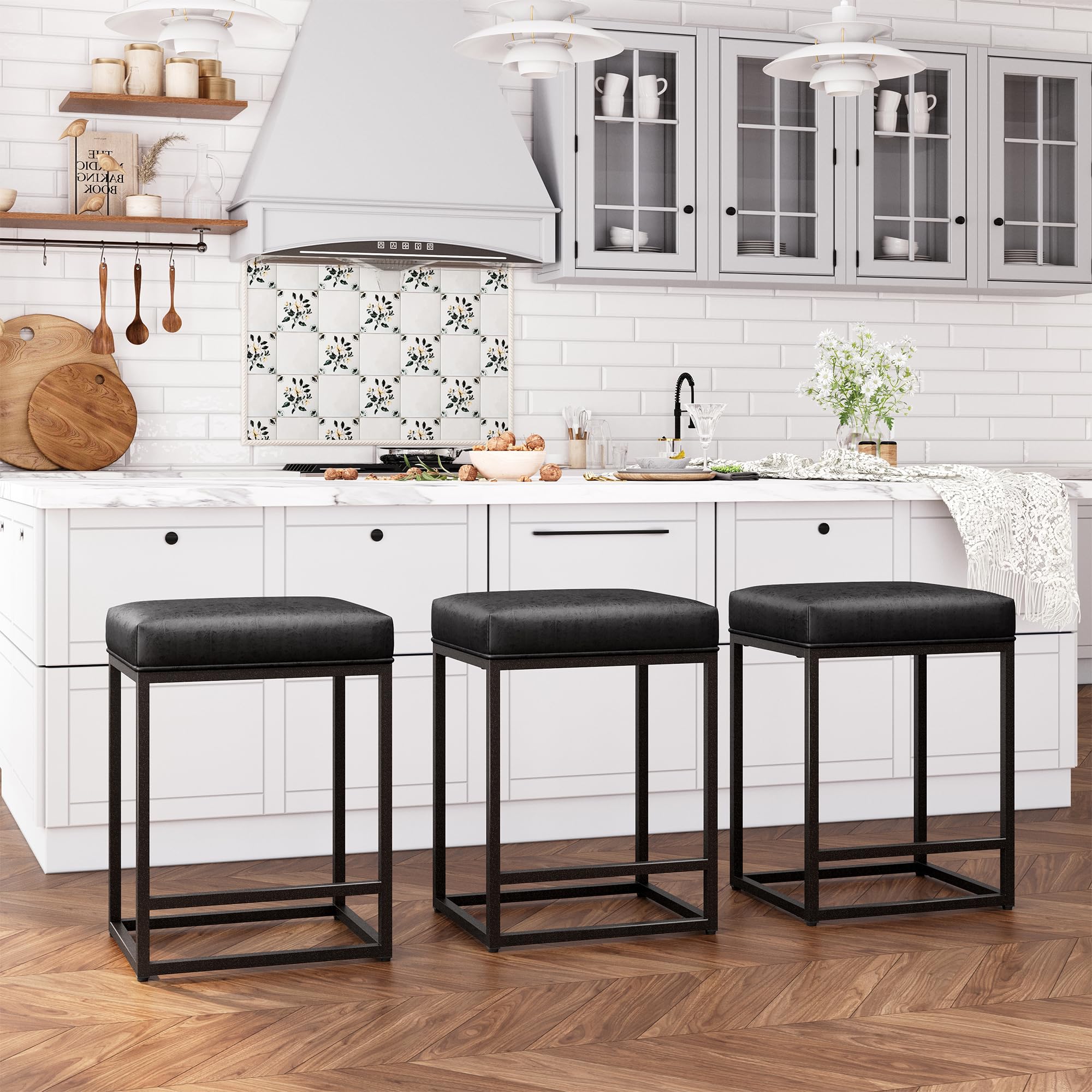 ALPHA HOME 24 Inch Counter Height Bar Stools Set of 3, Upholstered Bar Stools for Kitchen Island, Counter Stools with Faux Leather Cushion and Sturdy