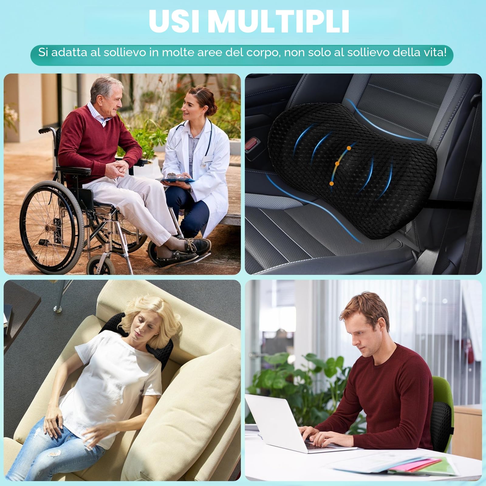 Cuscino Lombare Ergonomico in Memory Foam – Supporto Schiena Ortopedico per Sedia da Ufficio, Auto e Casa – Traspirante, Lavabile e con Cinghia Regolabile