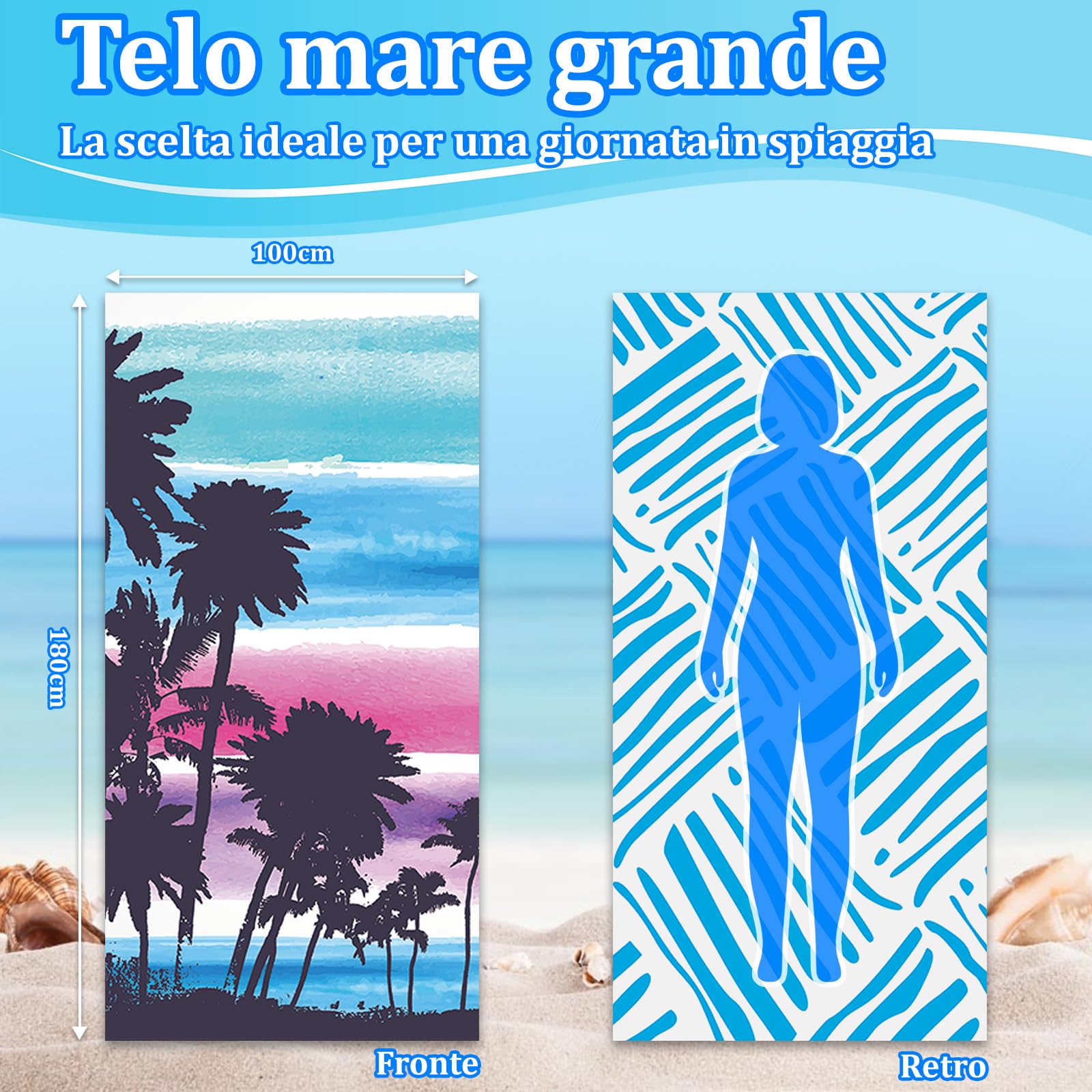 Telo Mare Microfibra - 180 * 100 cm Telo Da Mare Grande con Borsa, Asciugatura Rapida & Antisabbia, Teli Mare Compatto e Leggero, Per La Spiaggia, I Viaggi, Piscina