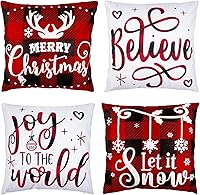 Vista 1 de Juego de 4 fundas de almohada navideñas de 18 x 18 pulgadas, fundas de almohada de invierno, fundas de almohada navideñas a cuadros, almohadas