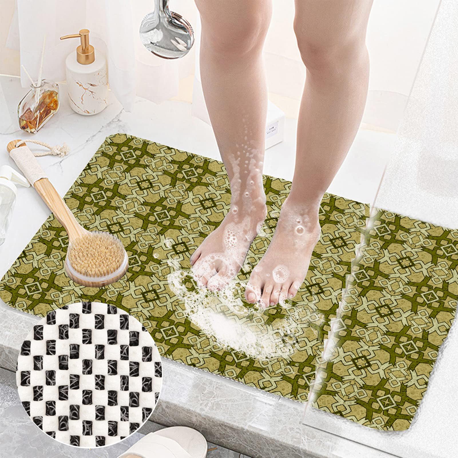 Alfombrilla de ducha antideslizante para ducha, 50 x 80 cm: suave y cómoda, de PVC, antideslizante, de secado rápido, color caqui