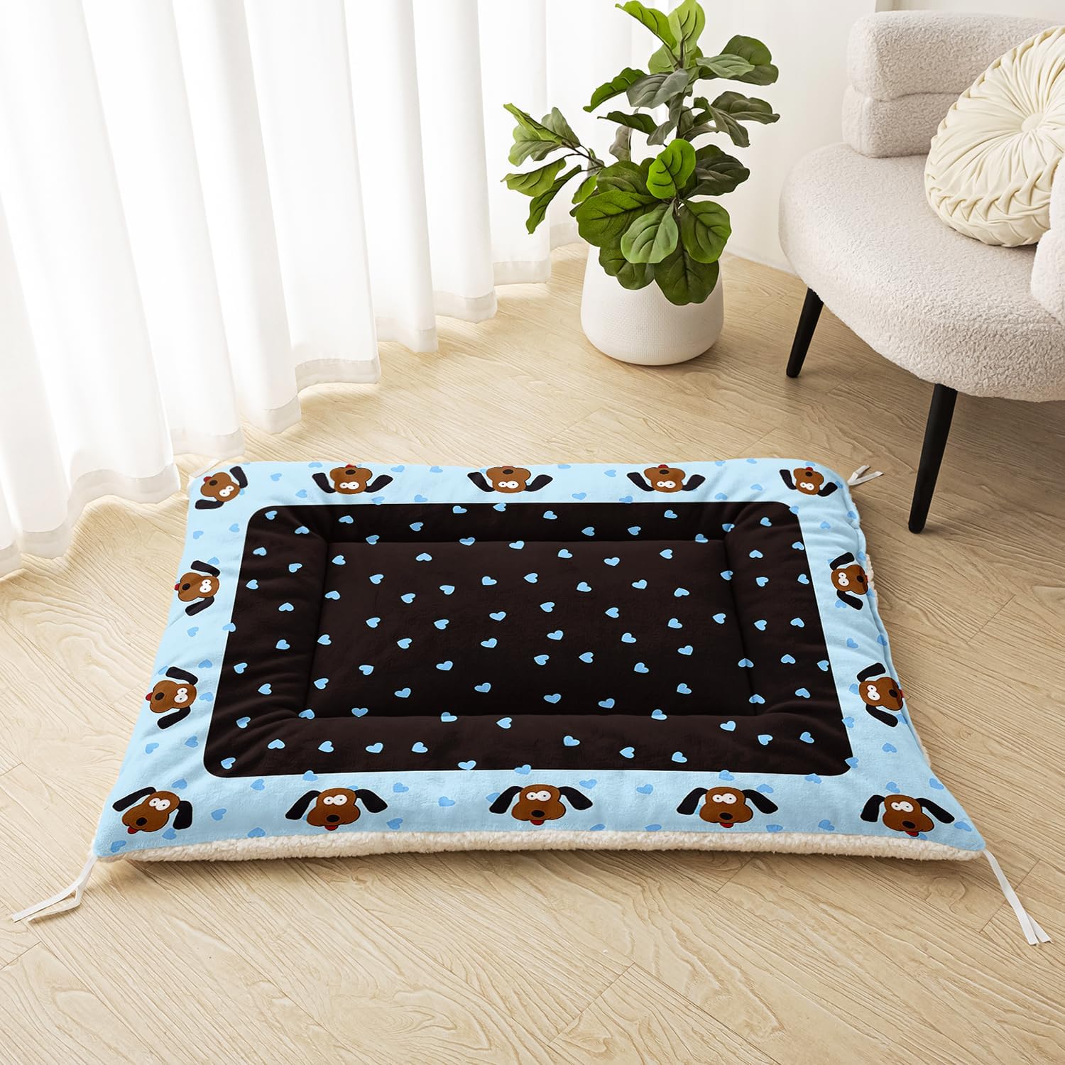 Blue Dog Face Dog Bed Mat - Pet Crate Pad for Small Medium Dogs & Cats - Durable Heart Design Kennel Liner - Washable Puppy Cushion w/Anti-Slip (L)