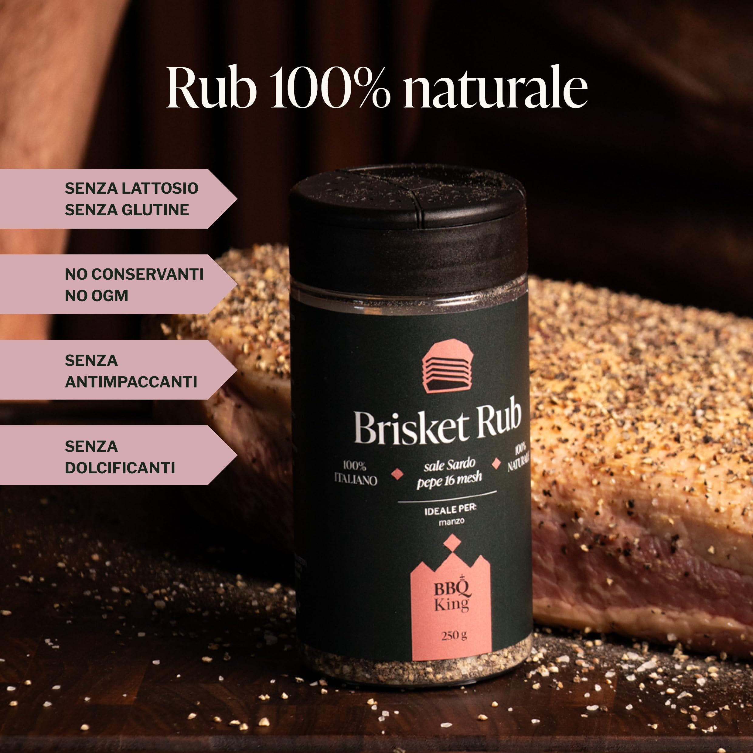 BBQ KING, Brisket Rub Envase de 250 g, adobo seco para barbacoa ideal, para carne de vacuno y barbacoas texanas, set de especias para cocina 100% Made in Italy, mezcla técnica para cocción prolongada