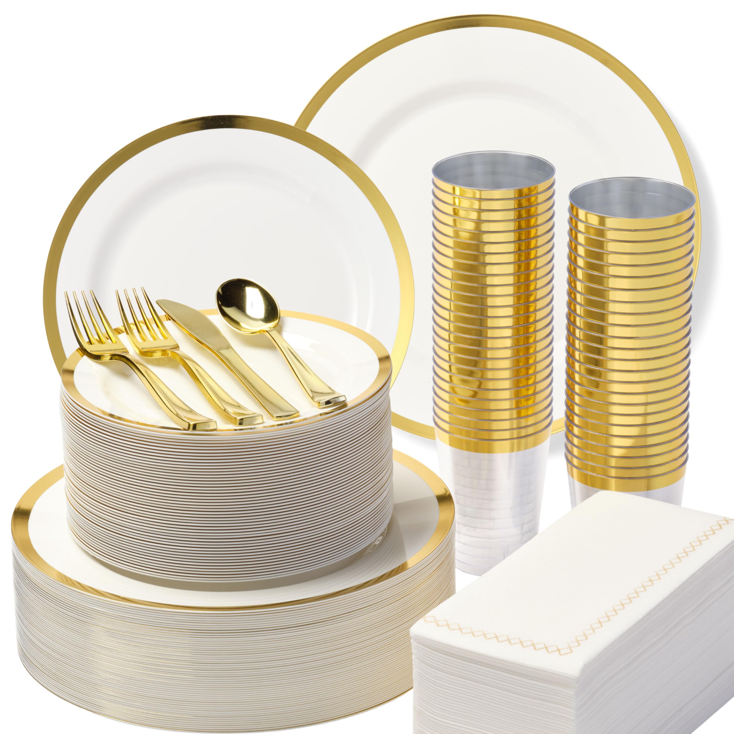 By Madee HEAVYWEIGHT Elegant Disposable Dinnerware Set-Gold Fancy Plastic Dinnerware Sets - Plates, Cutlery, Napkins, Cups- Disposable Party Plates-White and Gold Plastic Plates - 400 Pcs (50 Guests)