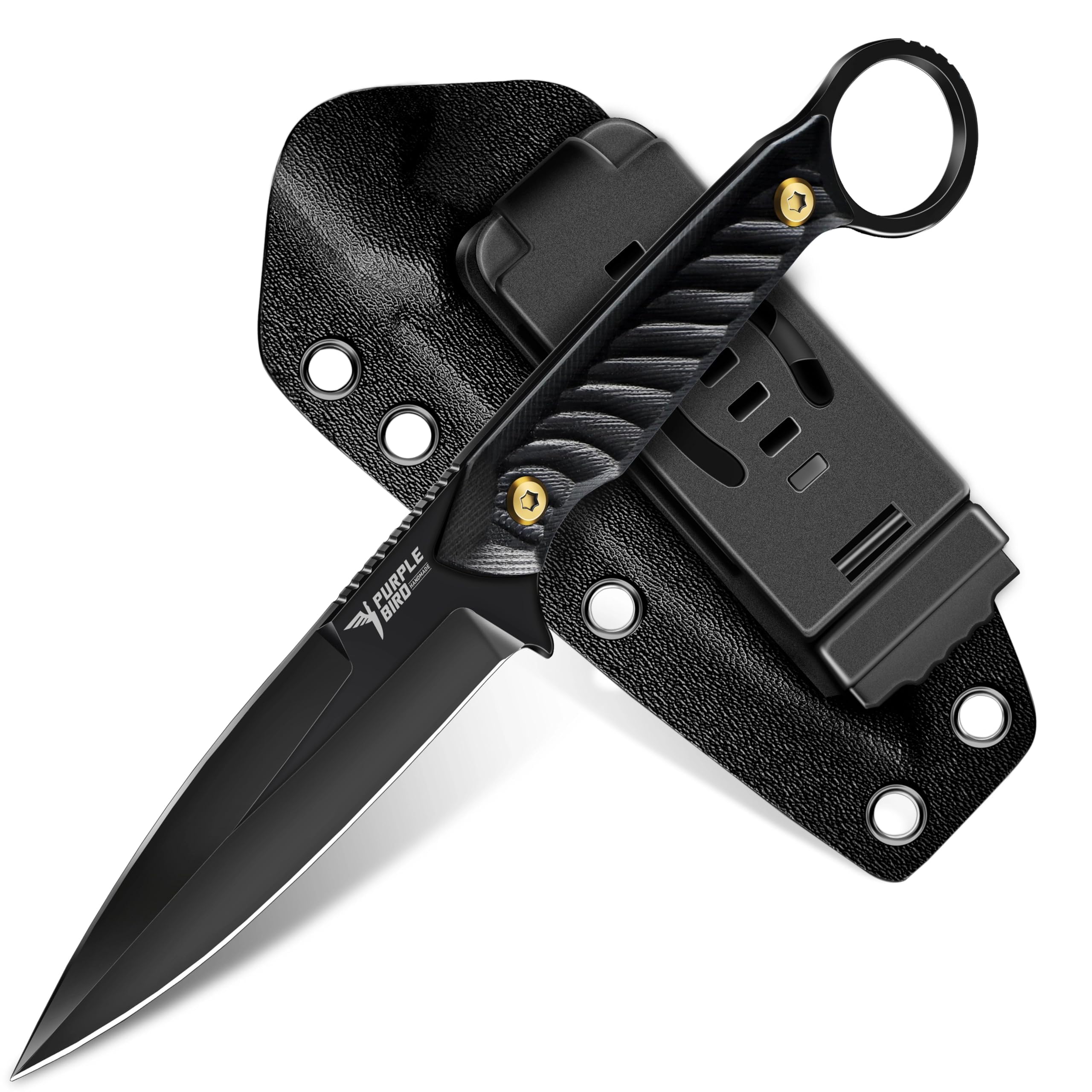 PURPLEBIRD Messer mit Feststehender Klinge, Camping Messer mit Scheide und Verstellbarer Gürtelclip, Full Tang Outdoor Messer aus 440C Stahl mit G10 Griff für EDC Überleben und Jagd (Schwarz)