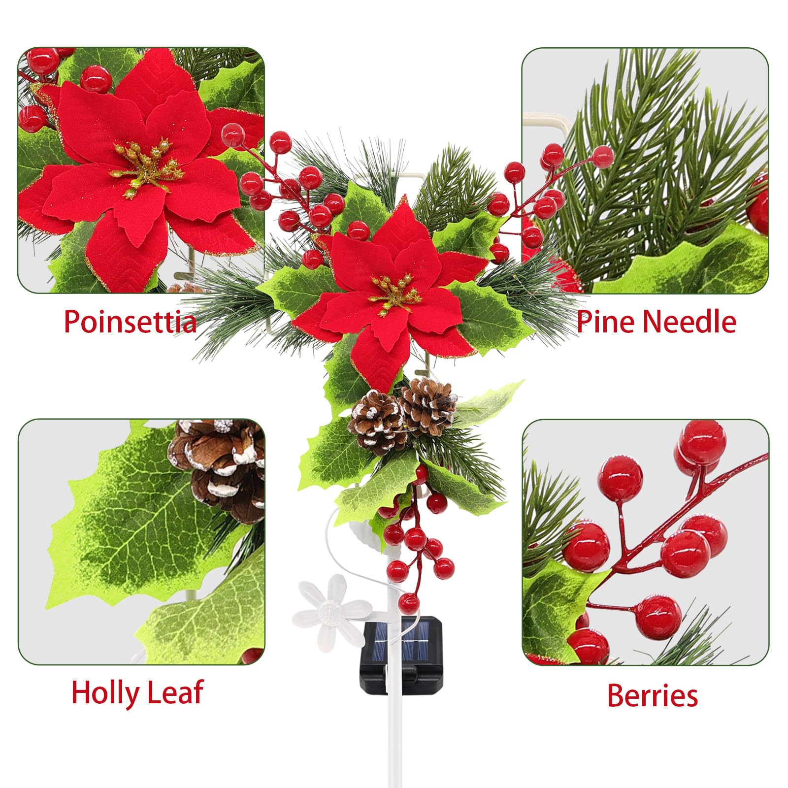Lot de 4 décorations de Noël solaires d'extérieur – 81,3 cm – Lumières solaires sur piquet en forme de croix – Décorations de tombe étanches avec poinsettia, pommes de pin, baies rouges pour jardin,