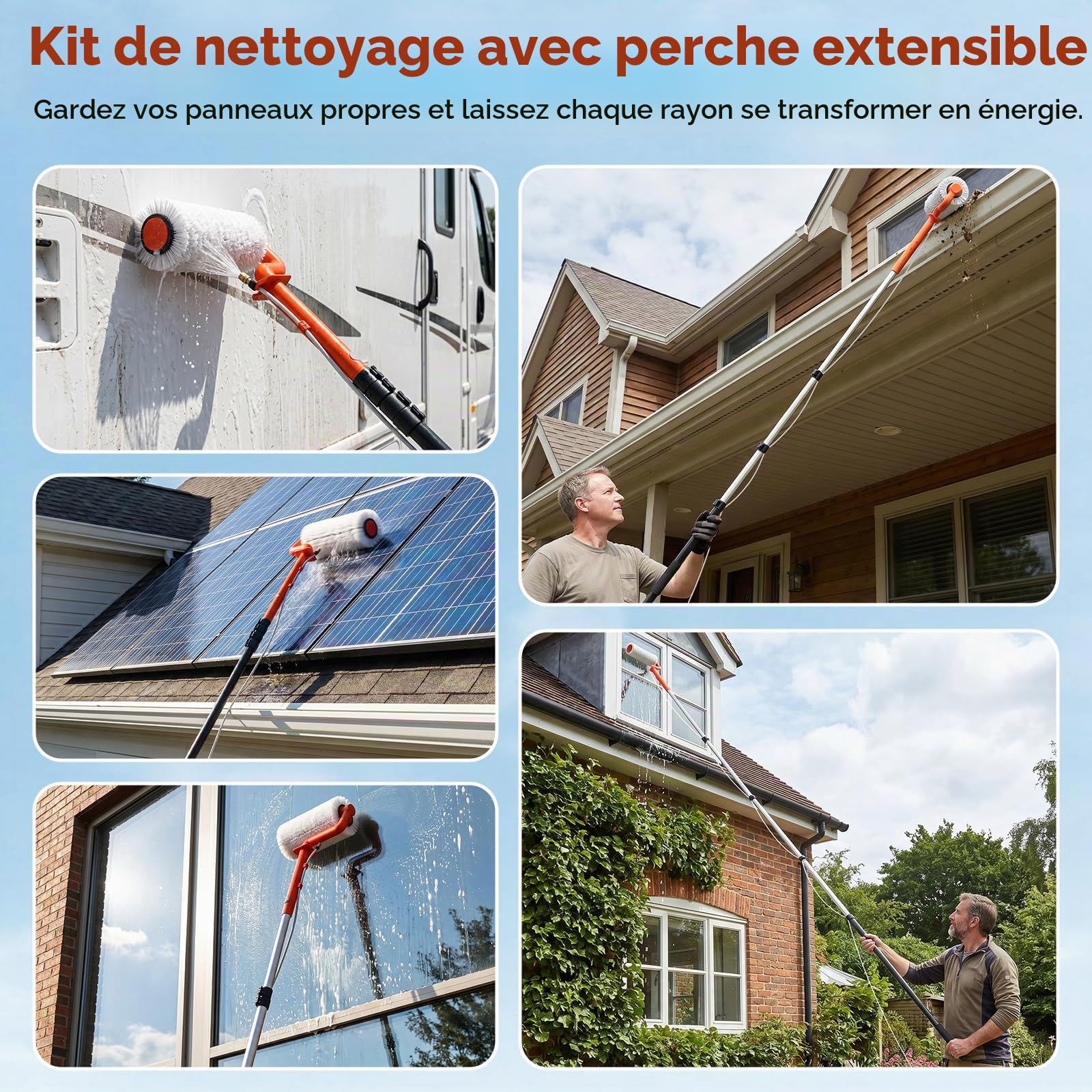 Brosse Telescopique Toiture Électrique Télescopique de 6,5M Perche Telescopique Nettoyage Panneaux Solaires pour Systèmes PV, Fenêtres, Toits de Terrasse et Nettoyage