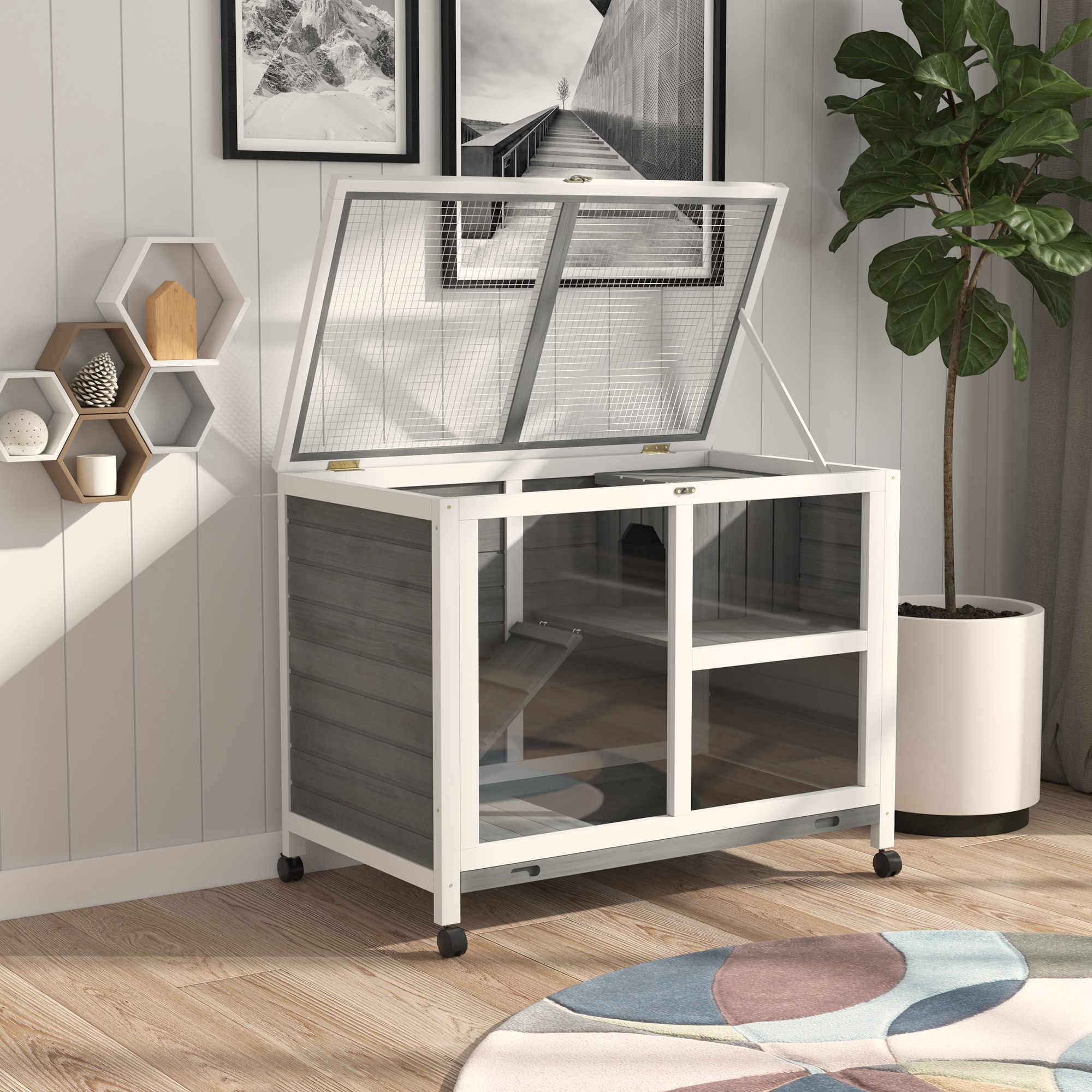 PawHut Kaninchenstall aus Holz 2 Etagen für Innen 91,5 x 53,3 x 73 cm Grau | Freilaufgehege, Rädern, Klappdach, Rampe, Tablett, Winterfest, Meerschweinchenstall, Indoor Kleintierstall, Kaninchenkäfig