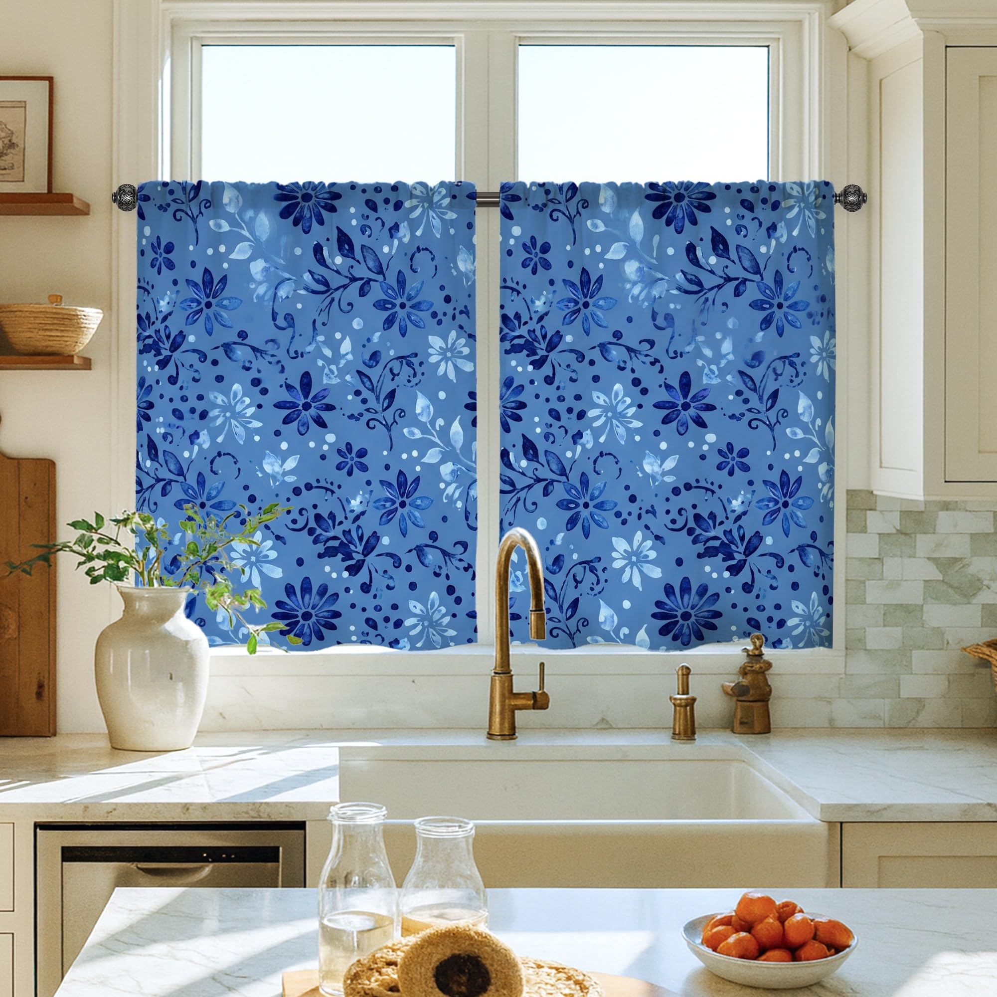 Rideaux de cuisine bleu printemps à motif floral feuilles de vigne 71x99 cm