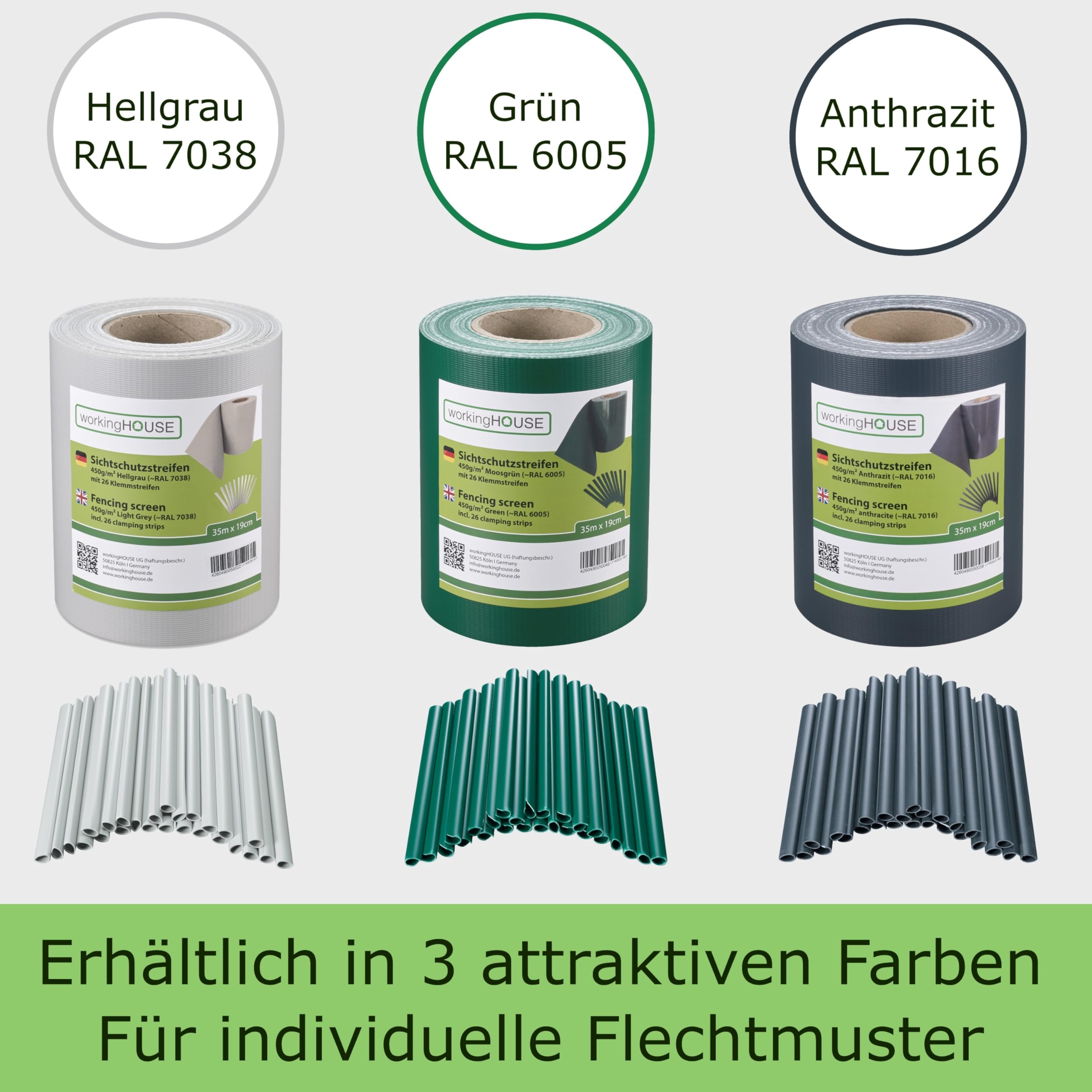 WORKINGHOUSE PVC Sichtschutzstreifen 450g/m² Standard für Doppelstabmatten Zaun – 35m Rolle, Anthrazit RAL 7016 | Wind- & Blickschutz, wetterfest, inkl. Clips