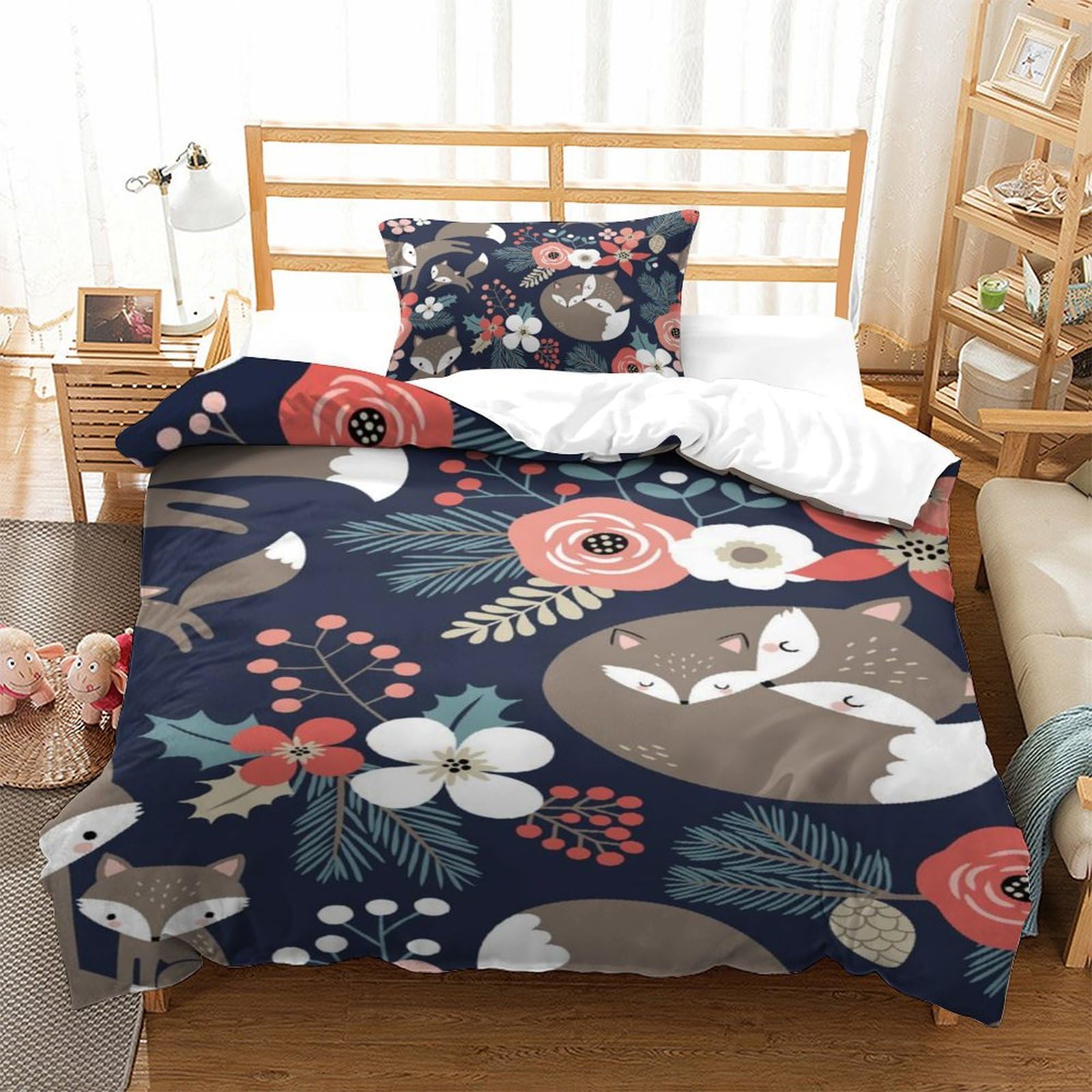 Housse de couette single 135x200 renard avec fermeture éclair pour lit une place enfant