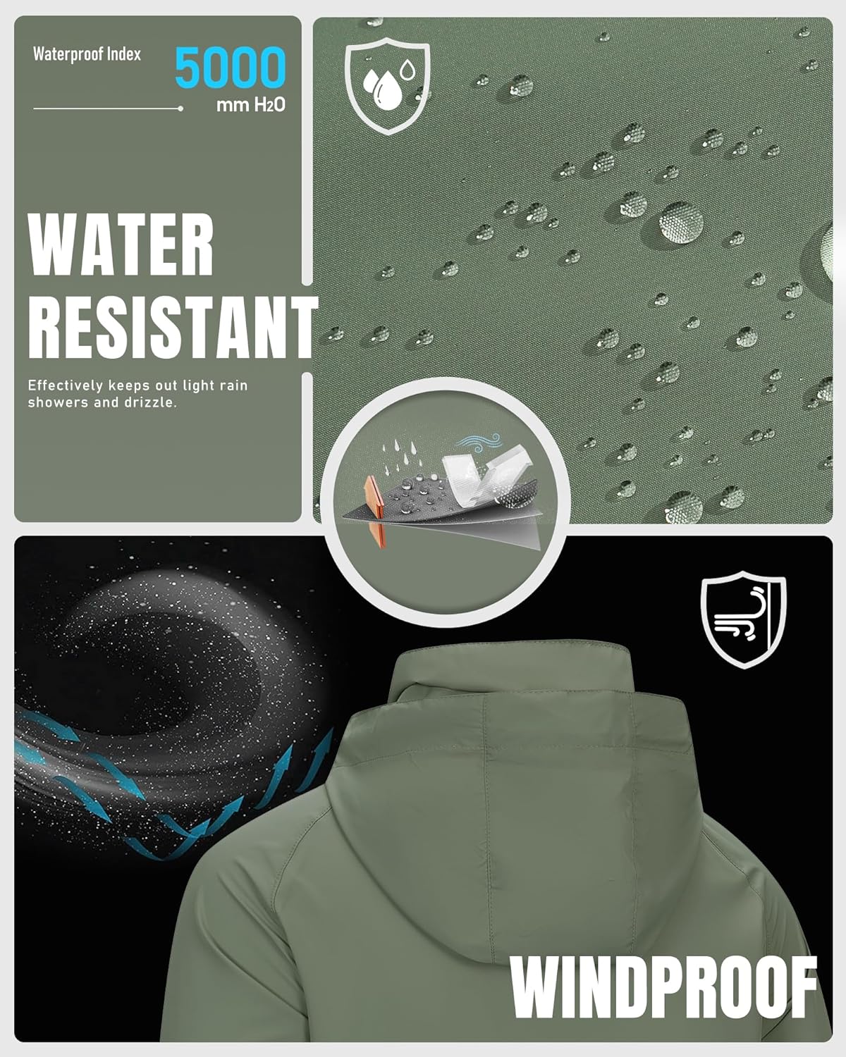 33,000ft Men's Rain Jacket Waterproof Lightweight Raincoat Packable Rain Shell Windbreaker with Hood for Golf Hiking Travel - Image 2