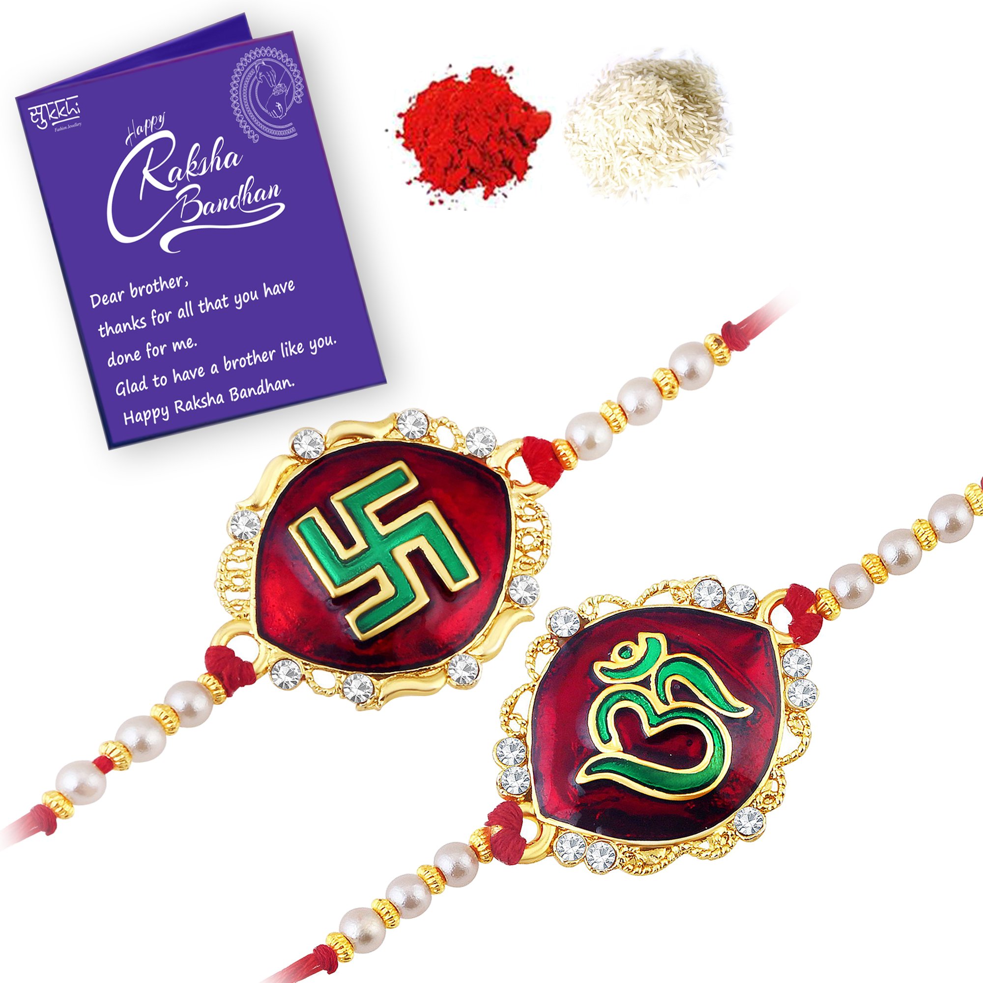 Sukkhi Rakhi Sensational Kundan Rakhi Combo & Designer Gold Plated Premium Rakhi for Brother, Roli Chawal & Greeting Card|Rakhi for Bhaiya|Rakhi for MEN|Kundan Rakhi|Rakhi Combo-Set of 2 |CB73449 (B0CD83V66Y) Amazon Price History, Amazon Price Tracker
