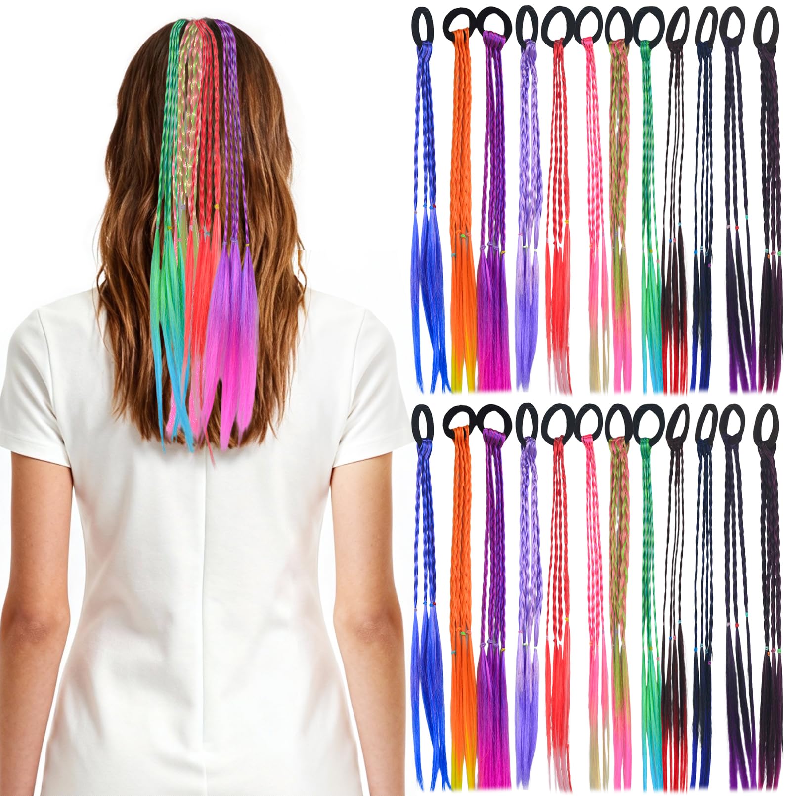 24 Pcs Colored Braided Hair Extensions with Rubber Bands Rainbow Braided Synthetic Hairpieces Ponytail Hair Accessories Crazy Hair Day Highlights Cosplay Dress Up for Women Kids Girls Party
