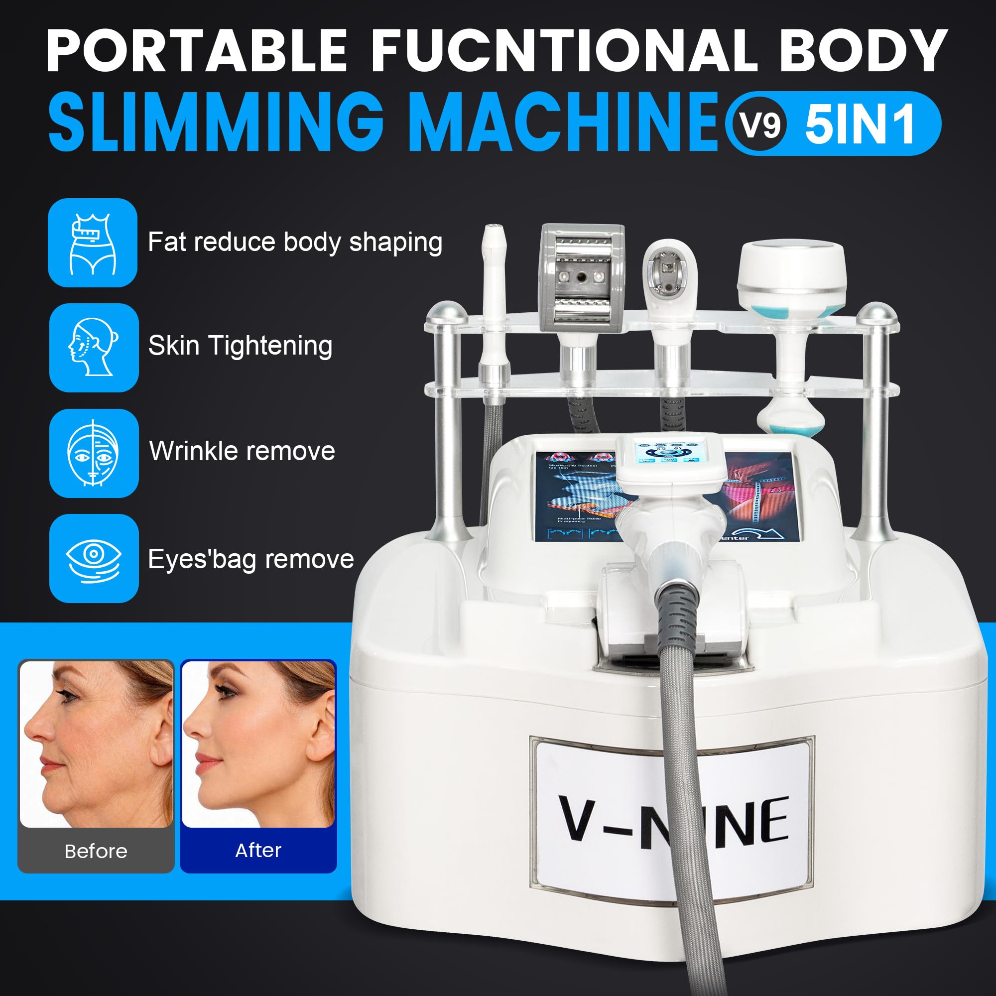 Masajeador multifuncional V-NINE 5 en 1 con rodillos automáticos | Tratamientos de modelado corporal y facial, reafirmación de la piel y cuidado de los ojos para salones de belleza y spas.