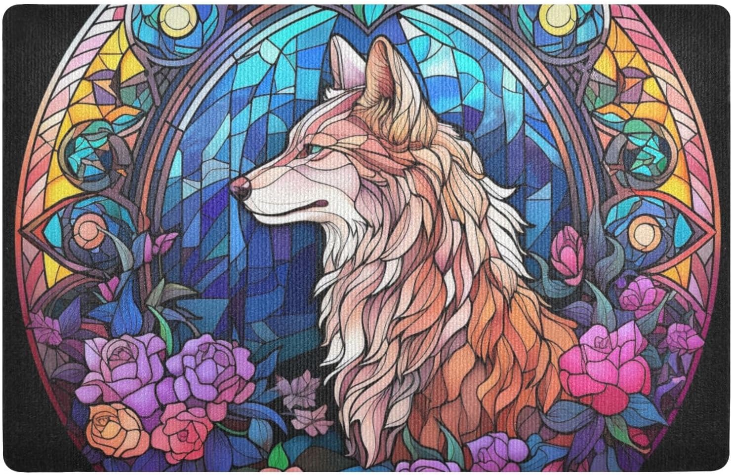 Front Door Mat Stained Glass Wolf Print, 32x20 in Indoor Outdoor Welcome Mats Doormat for Entrance Patio Porch Entryway Water Absorbent Low Profile Anti Slip