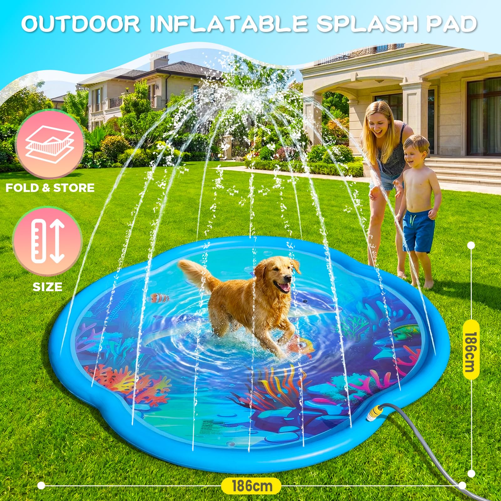 ChlorBlu Splash Pad,186CM Almohadilla Aspersor de Juego PVC, Tapete de Juegos de Agua para Actividades Familiares,Aspersor de Agua para Niños y Perros,Juguetes Acuáticos para Exteriores Fiesta Jardín