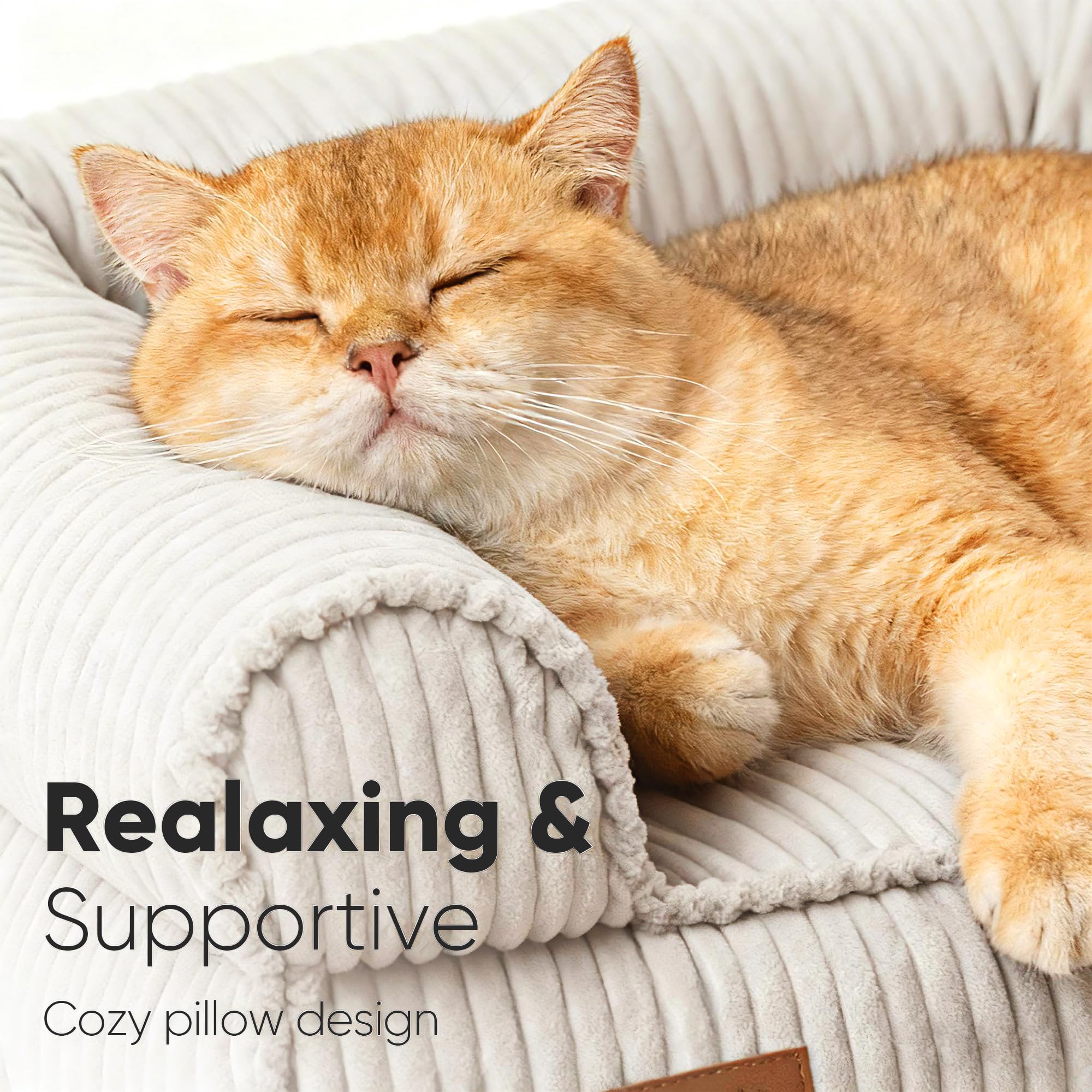 FUKUMARU Cat Couch Bed, Corduroy Cozy Cat Bed for Indoor Cats with Removable Washable Cover, Supportive Anti-Slip Dog Beds Sofa for Small Dogs Cute, 27inch, Medium, Cream