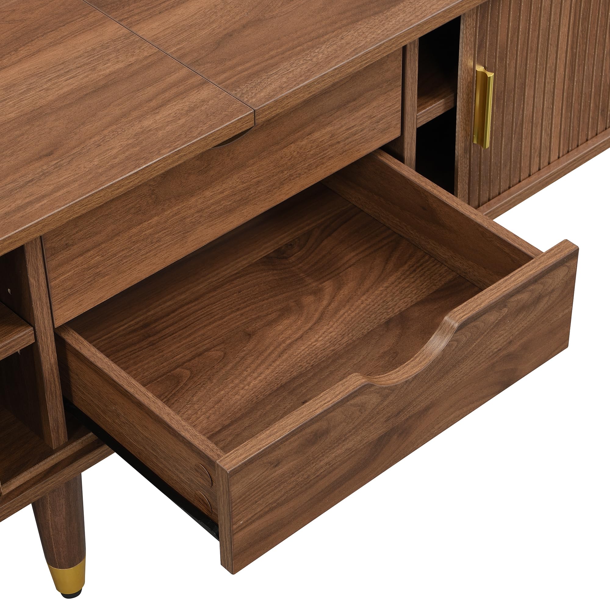 SACOOL Mobile TV stile rustico, 175 cm, con porta scorrevole in rattan, effetto noce e molto spazio di archiviazione, tavolo per TV in MDF con scomparti aperti, cassetti e armadietto, design naturale