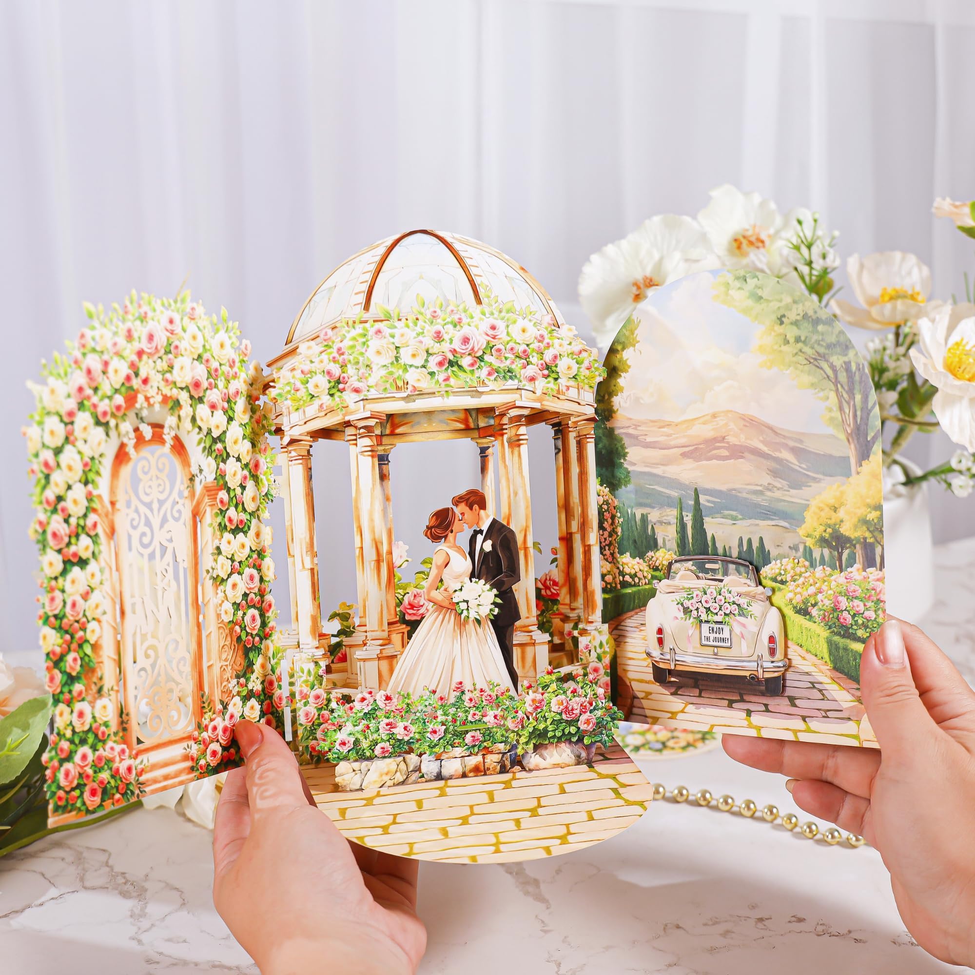 Kartka weselna 3D Pop Up, elegancka kartka weselna 3D z parą młodą, łukiem kwiatowym i samochodem weselnym, kartka pop-up na wesele na prezent pieniężny, bon podarunkowy, kartka z życzeniami z okazji