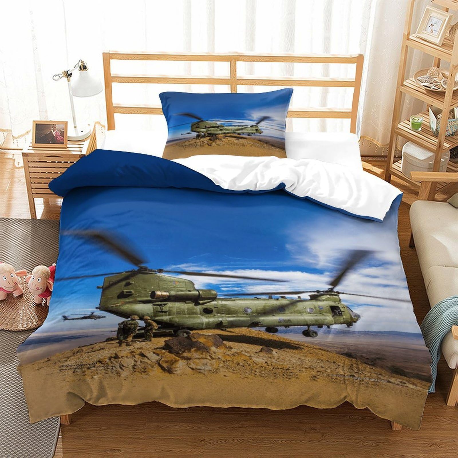 LILIlaobiao 3D Chinook Design Duvet Cover for Kids & Adults 3d Pattern Military Helicopter Bedding Set Individuality Comforter Cover with Zipper Closure Breathable Quilt Cover Single（135x200cm）