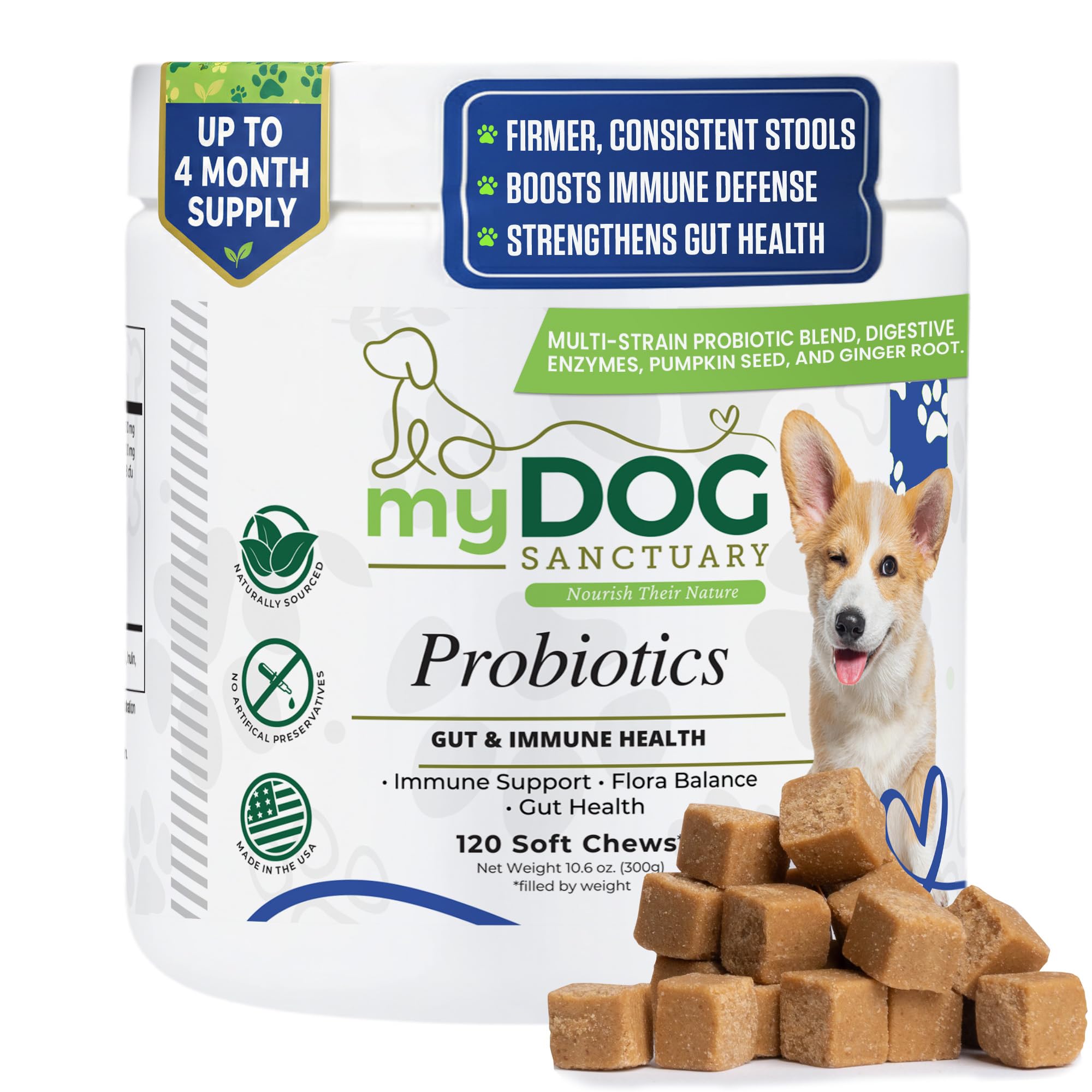 Probiotics for Dogs 120 Chews - Digestive Enzymes & Gut Health Support with Pumpkin Seed, Ginger Root – Dog Probiotics for Diarrhea, Bowel & Immune Support - Bacon Flavor, Soft Chews