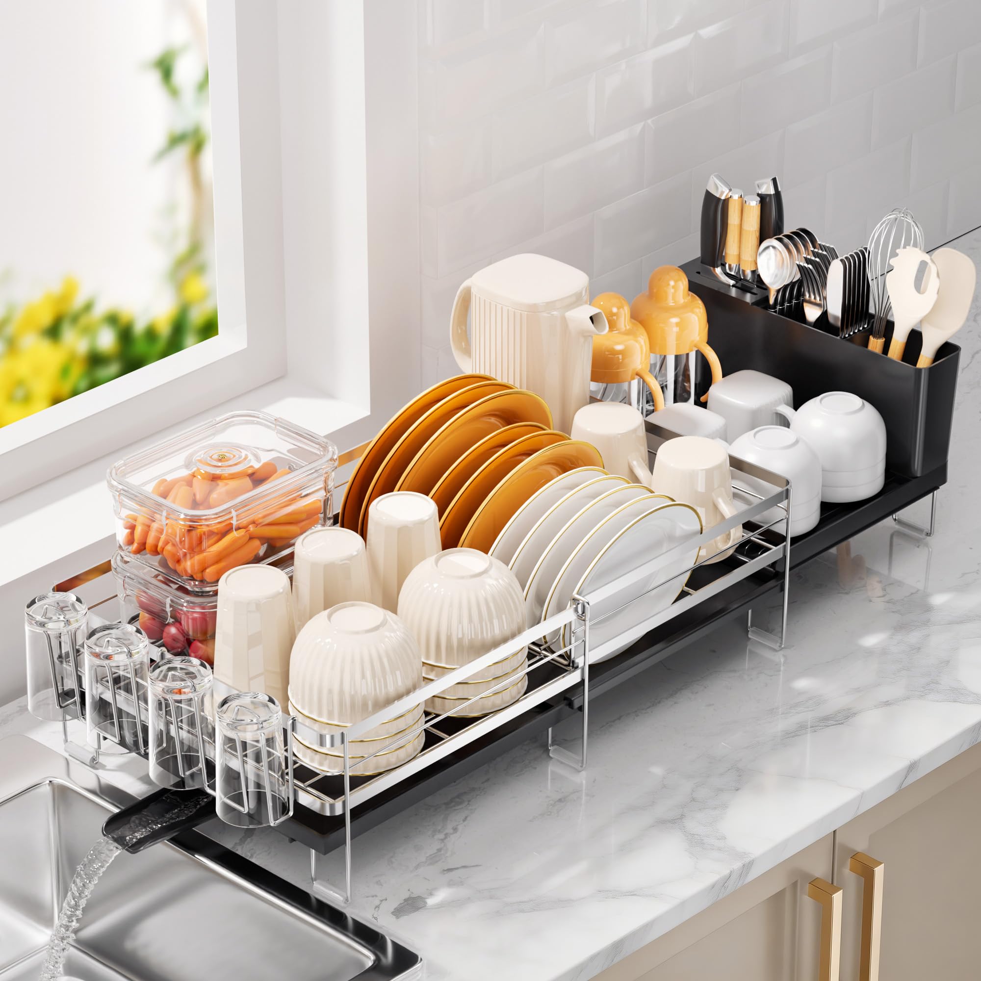 Photo 1 of Delamu Stainless Steel Dish Drying Rack, Expandable Dish Drainer, Anti-Rust Large Dish Racks for Kitchen Counter, Dish Strainers with Drainboard, Utensil & Cup Holder, 13.4"-28.7" L x 11.8" W, Silver