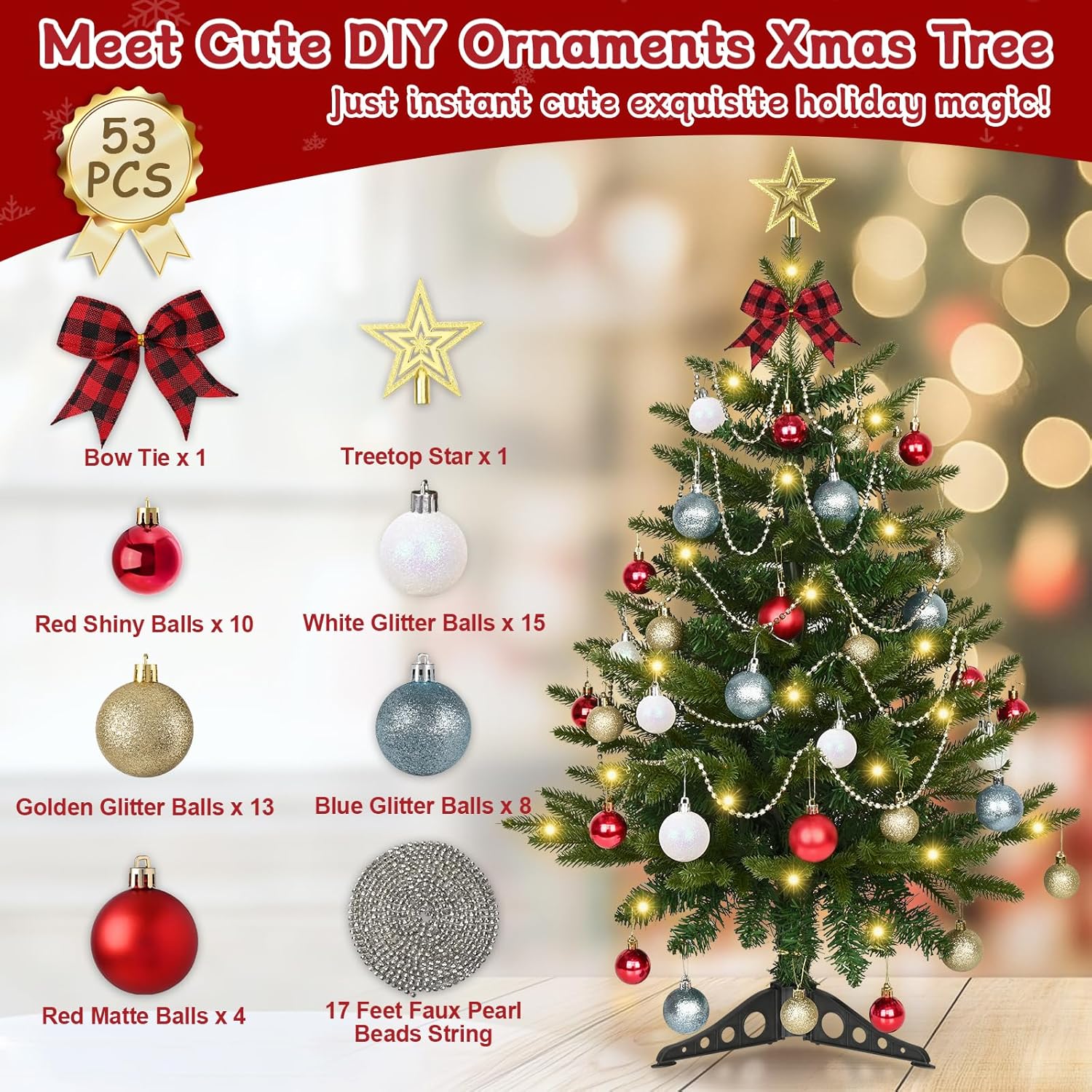 Uspring 3FT Small Christmas Tree & 12 Pcs 3.15in Red and White Christmas Ball Ornaments