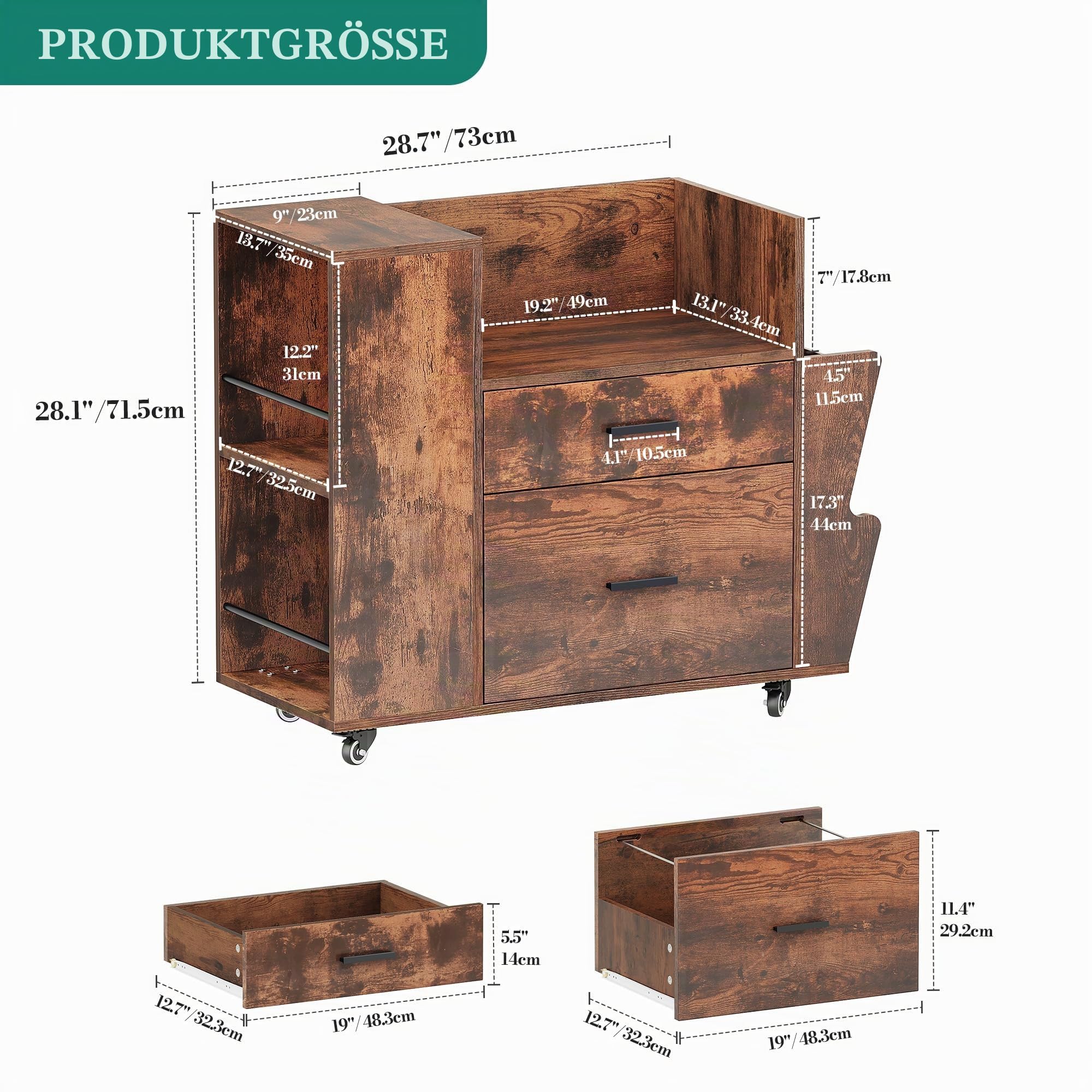 YITAHOME Rolling Aktenschrank mit Seitenhaltern und 4 Rädern, Braun