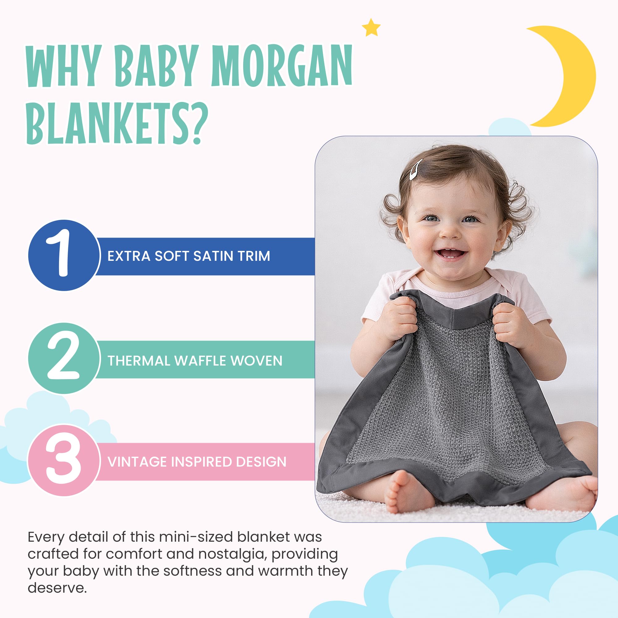 Hochwertige Thermo-Babydecke mit Waffelmuster, kleine Decke für Neugeborene und Säuglinge, weiche Mini-Komfortdecke, ideal für Kinderwagen, Reisen und Kuscheln, grau, Nylonbesatz (45,7 x