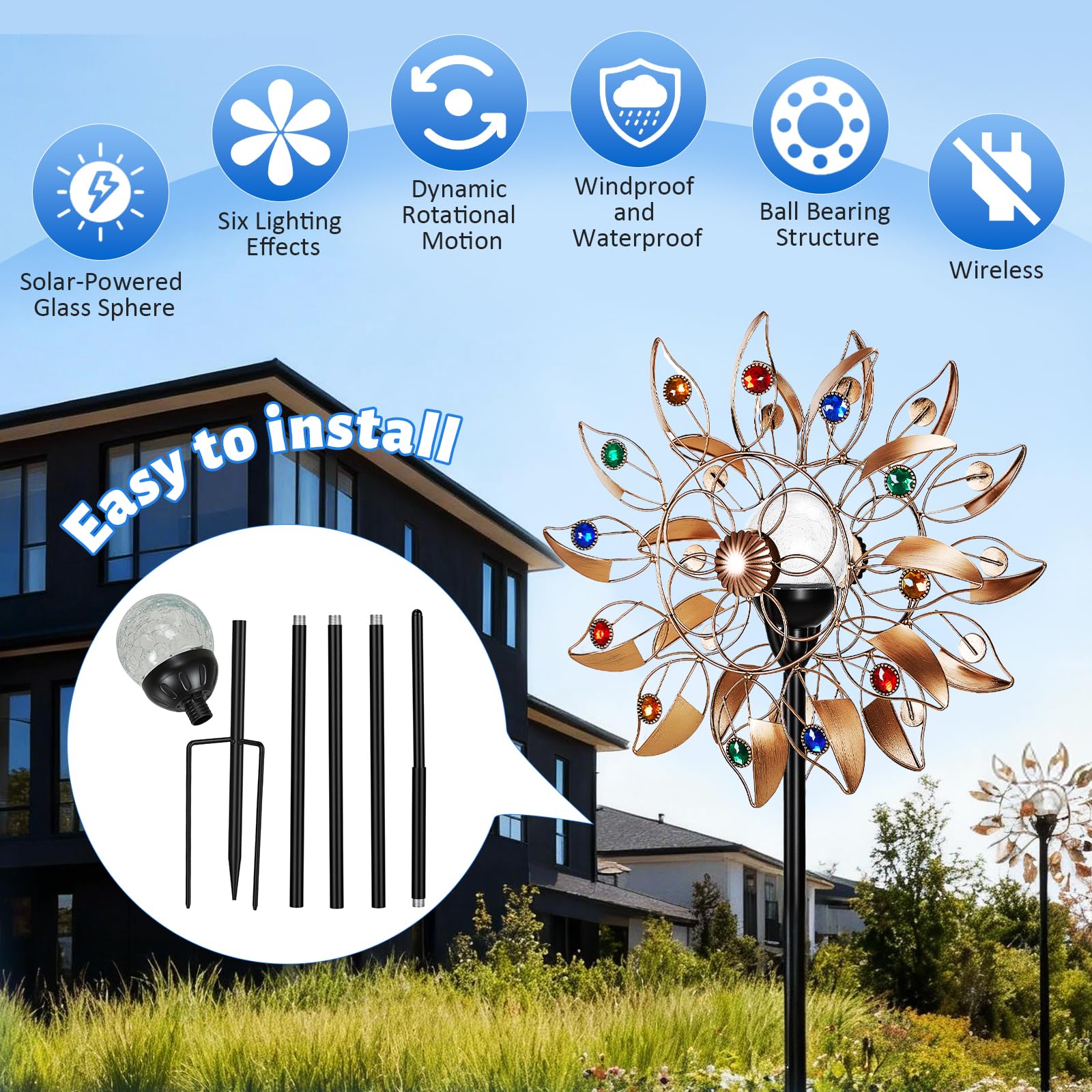Solar Windrad Garten Metall mit Farbwechsel LED - Großes Windspiel Garten 190cm, Wetterfestes Windspiel Metall mit Federblättern & Kupfer-Optik, Windmühle für Außen Terrasse Balkon